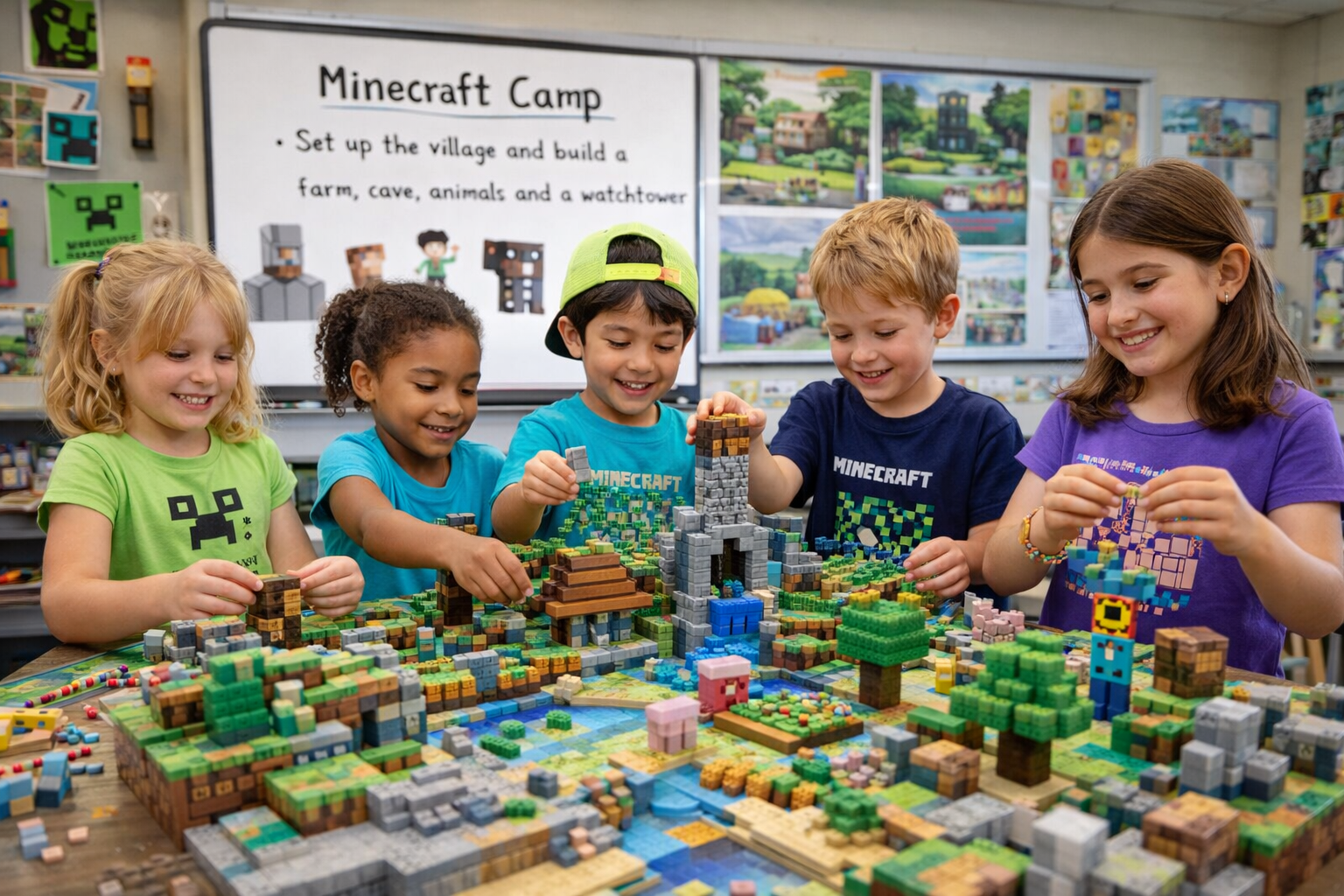 Group of five children building a Minecraft-themed diorama with small blocks in a classroom