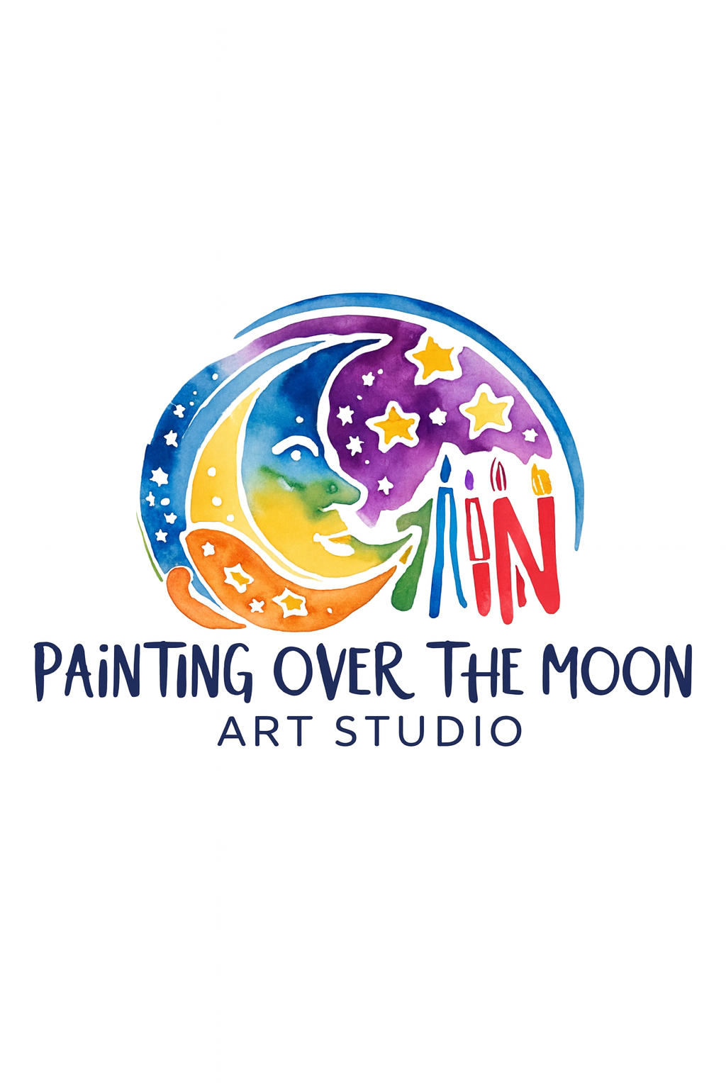 Colorful logo for 'Painting Over the Moon Art Studio' featuring a moon with a face, stars, and rainbow colors, along with the studio name.
