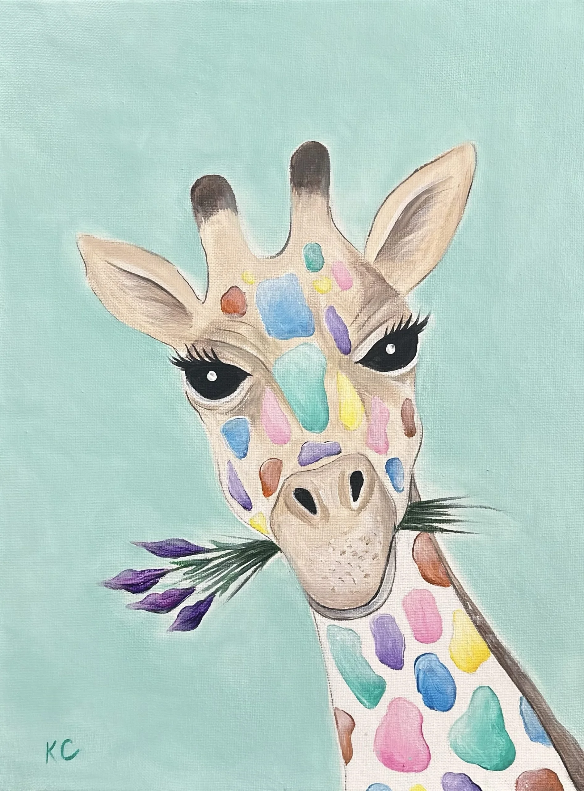 A painted illustration of a giraffe with colorful patches on its face and neck, holding lavender flowers in its mouth.