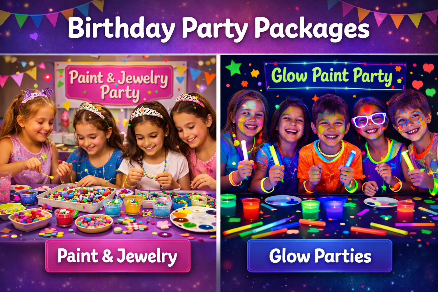 A colorful promotional image showing two birthday party packages: on the left, a paint and jewelry party with five girls making jewelry at a table covered with craft supplies; on the right, a glow paint party with five kids glowing and smiling in a dark room, holding glow sticks and wearing neon face paint.