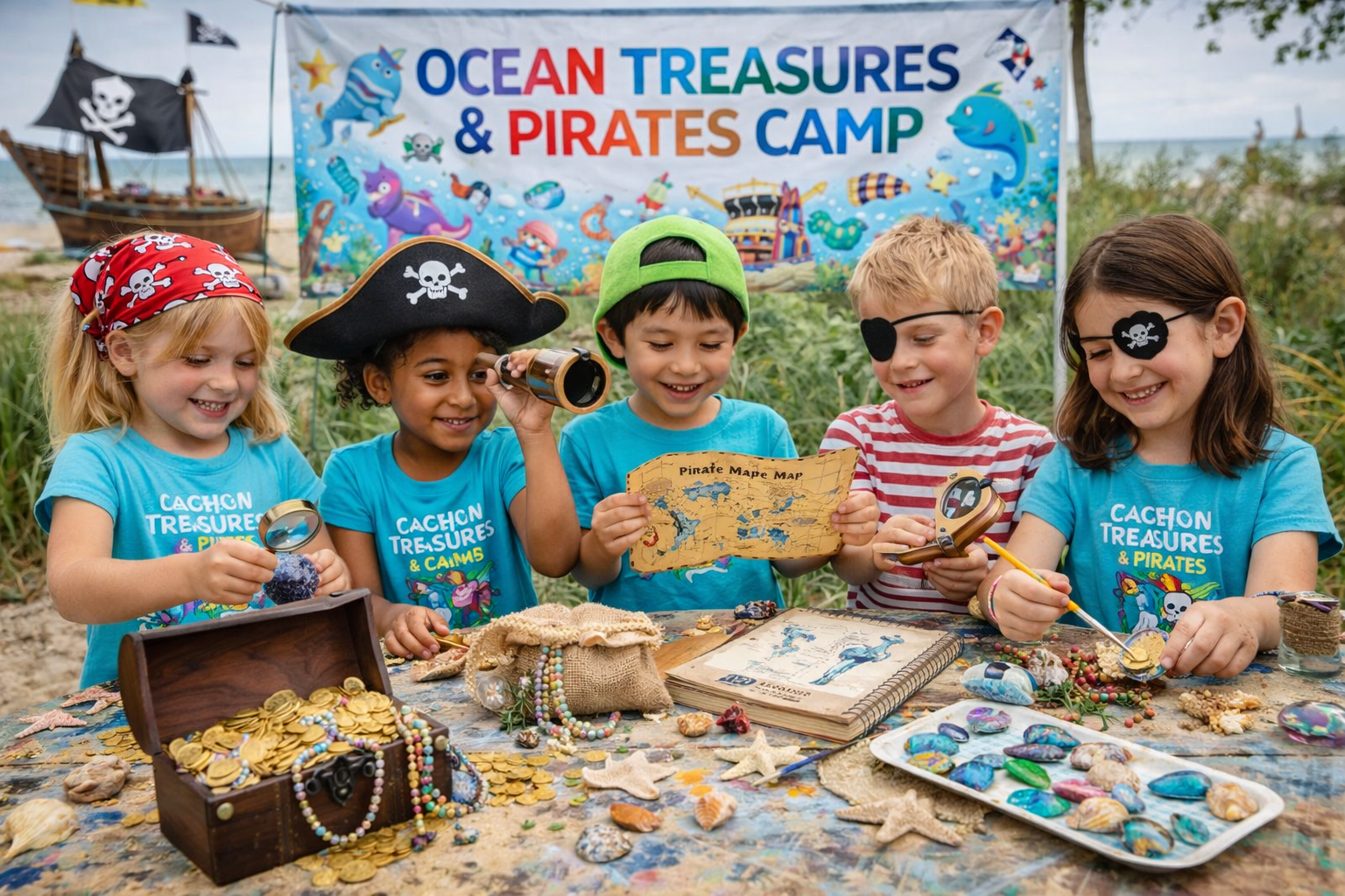 Children dressed as pirates on a beach play with treasure chests, jewelry, shells, and maps during a pirate-themed camp, with a banner reading 'Ocean Treasures & Pirates Camp' in the background.