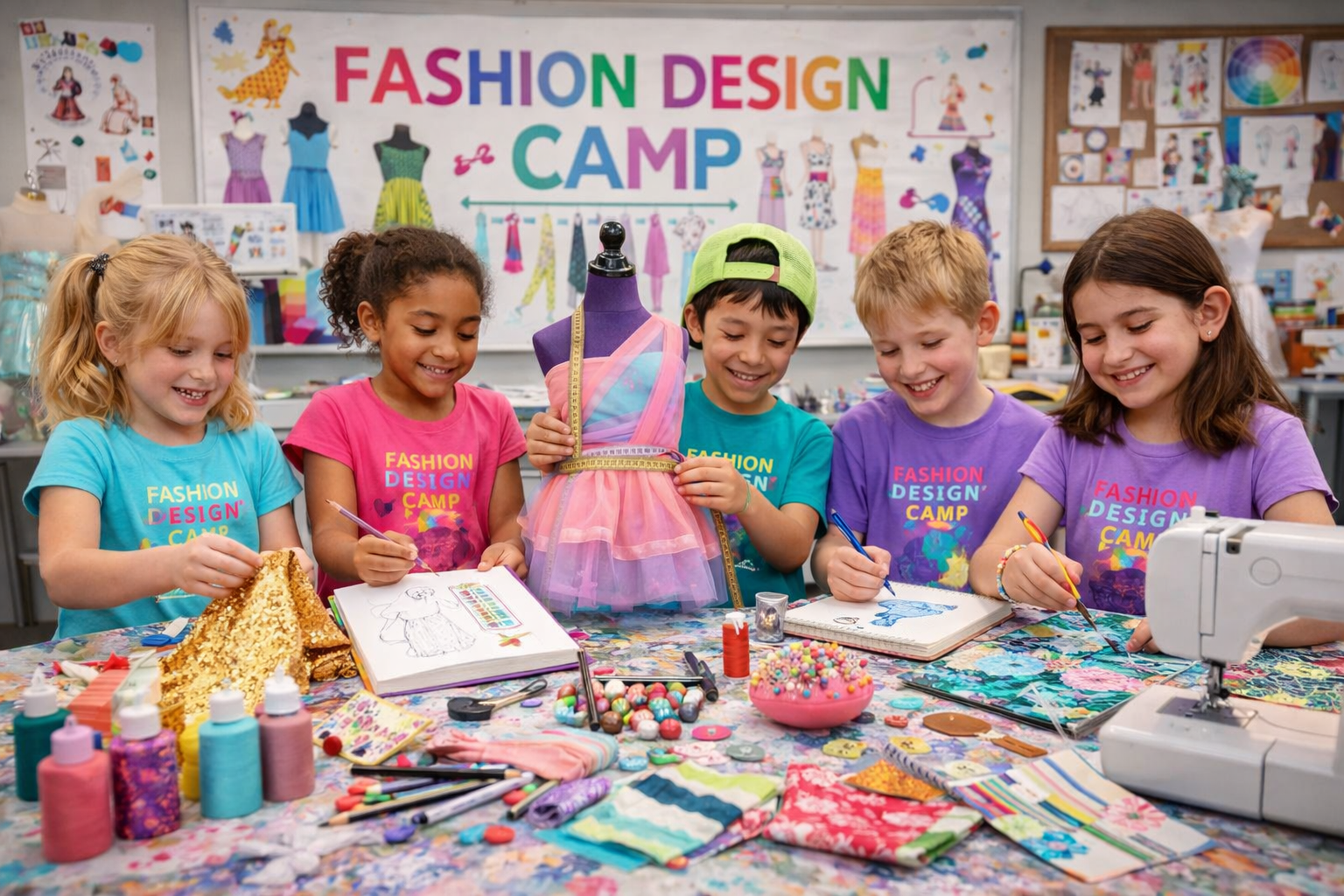 Five children wearing colorful T-shirts with 'Fashion Design Camp' printed on them are working on fashion projects at a craft table, using sewing supplies, markers, and fabric, in a classroom filled with fashion sketches and colorful decorations.