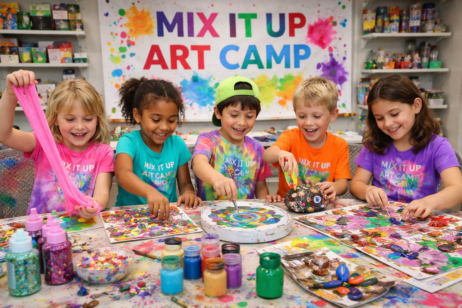 Children participating in an art camp, mixing and applying colorful paints on canvases, in a classroom decorated for an arts and crafts activity.