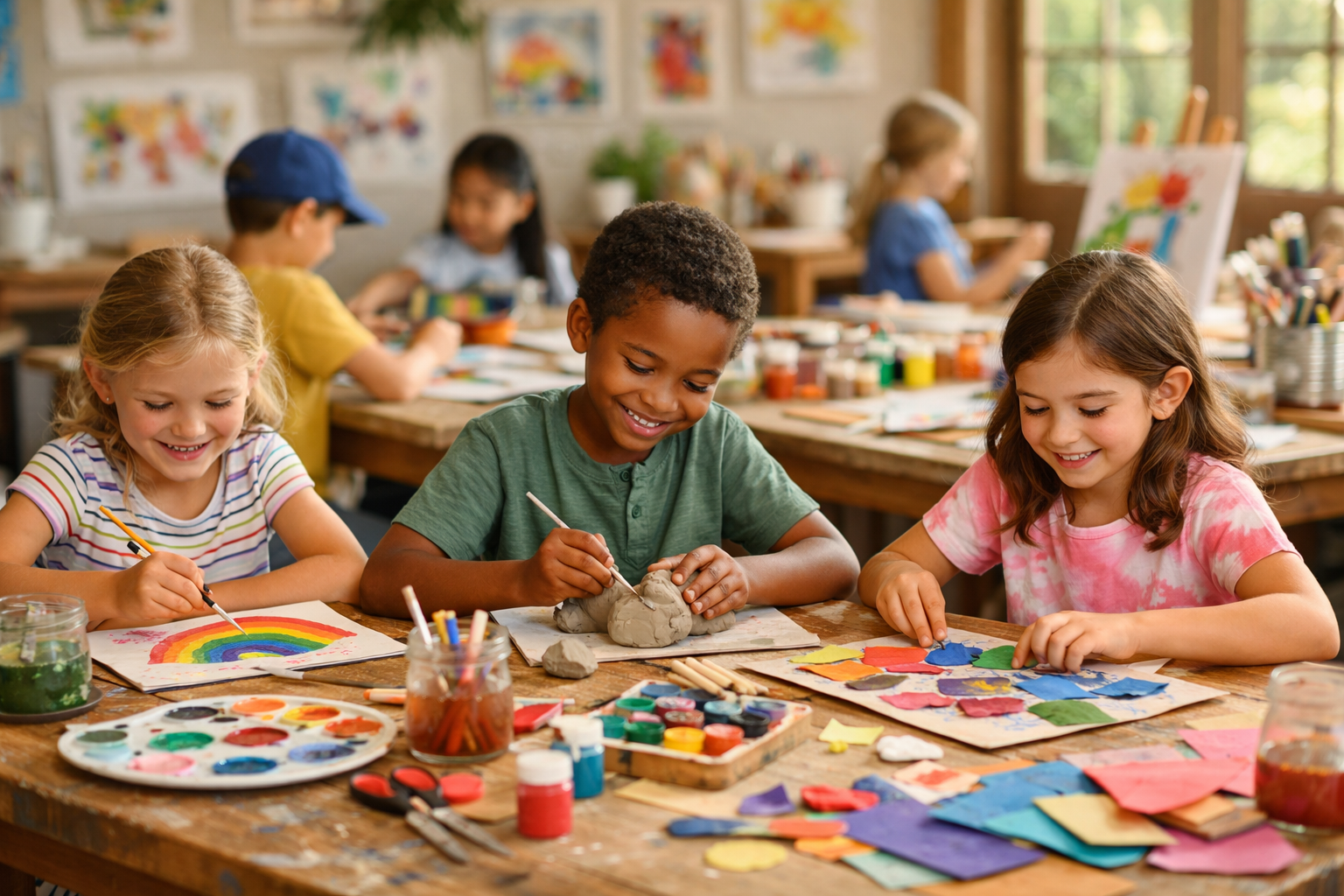 Children in an art classroom engaging in painting and craft activities at a wooden table with colorful supplies.