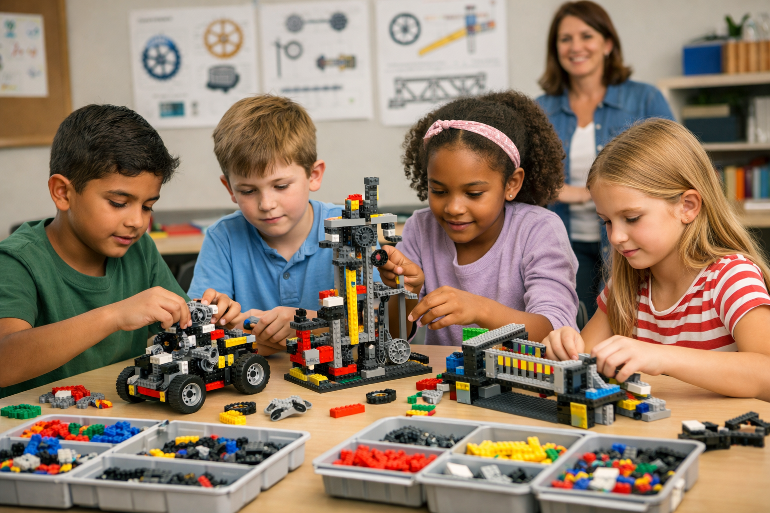 Children building with LEGO bricks at a table in a classroom, with a teacher observing in the background.