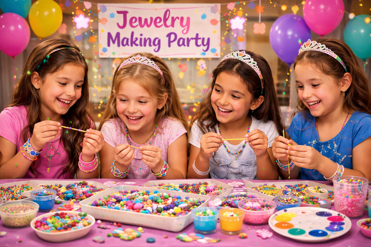Four young girls at a jewelry-making party, wearing tiaras and smiling, with a colorful table full of beads, bracelets, and art supplies, decorated with balloons and a 'Jewelry Making Party' sign in the background.