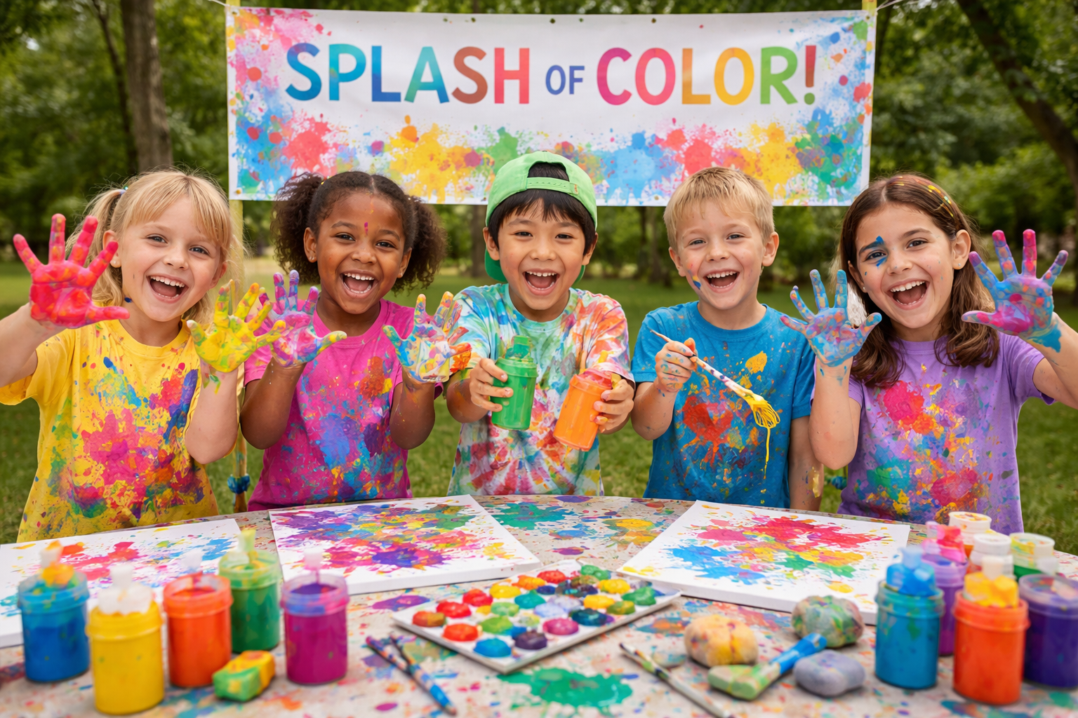 Group of five children covered in colorful paint, smiling and showing their painted hands during a paint splash activity outdoors with a 'Splash of Color!' banner in the background.