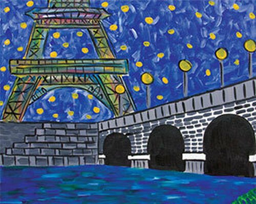 Painting of the Eiffel Tower at night with a starry sky, a bridge, and water in the foreground.