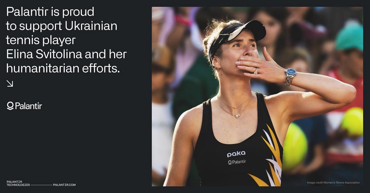 Proud to announce this new partnership between @elisvitolina and #Palantir

Elina will become the only athlete ambassador of #Palantir and together they will work together on @esvitolinafoundation and the rebuild efforts in Ukraine. 

#ElinaSvitolina