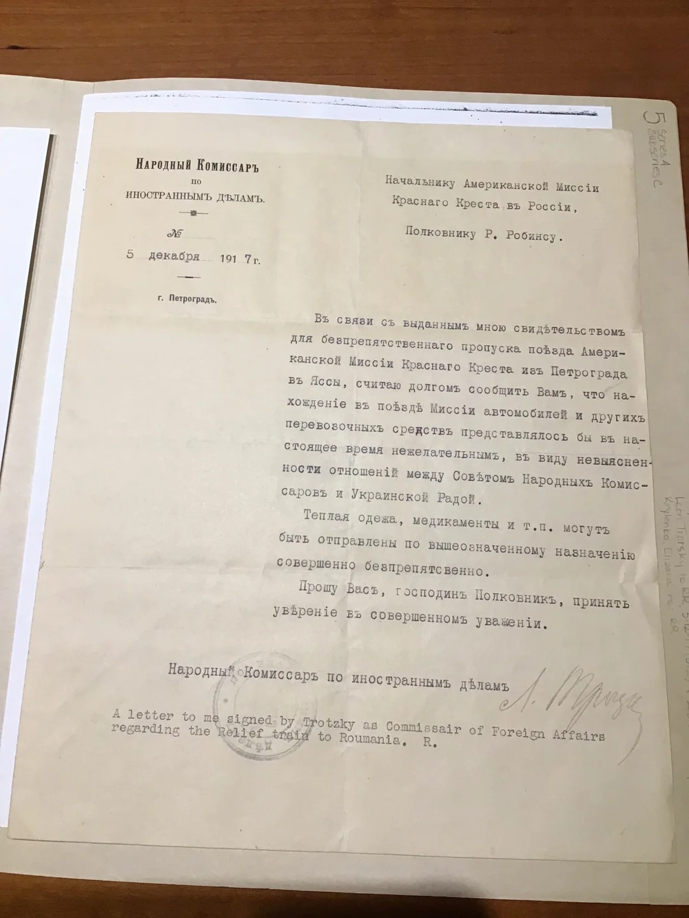   Letter to Raymond Robins from Leon Trotsky, housed at Fales Library NYU, used courtesy of Independent Age (Registered Charity no. 210729)  