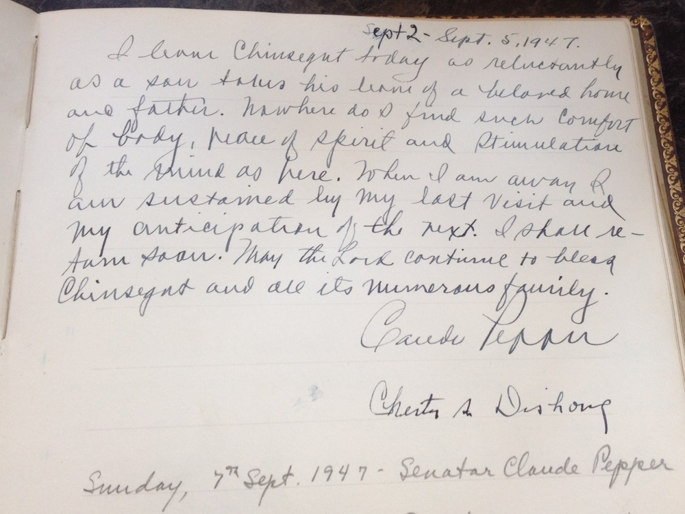   Photo from Chinsegut guest book of Claude Pepper visit. Guest book is housed in    Margaret Dreier Robins Papers    at the University of Florida  