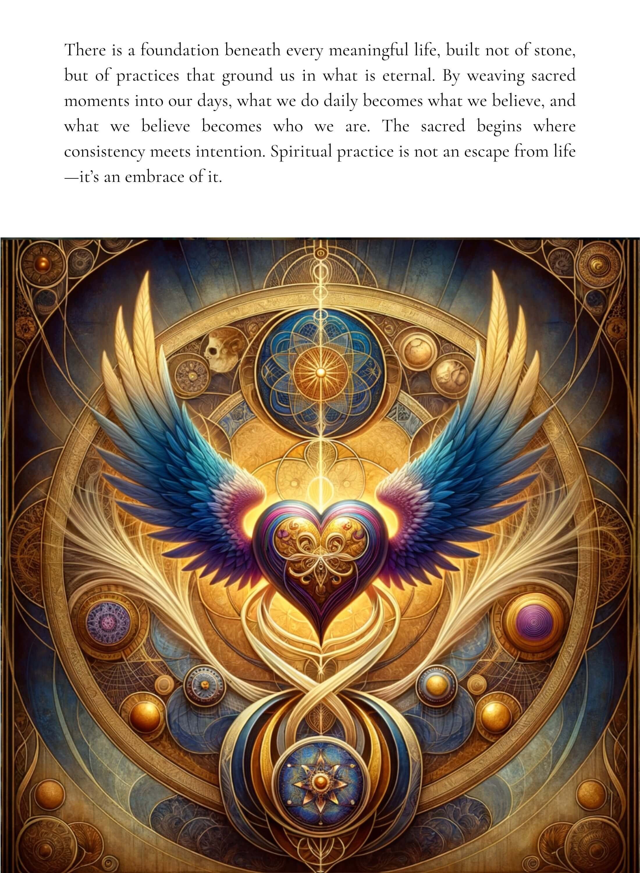 A digital artwork depicting a heart with wings, surrounded by intricate geometric patterns and celestial symbols, emitting a radiant glow.