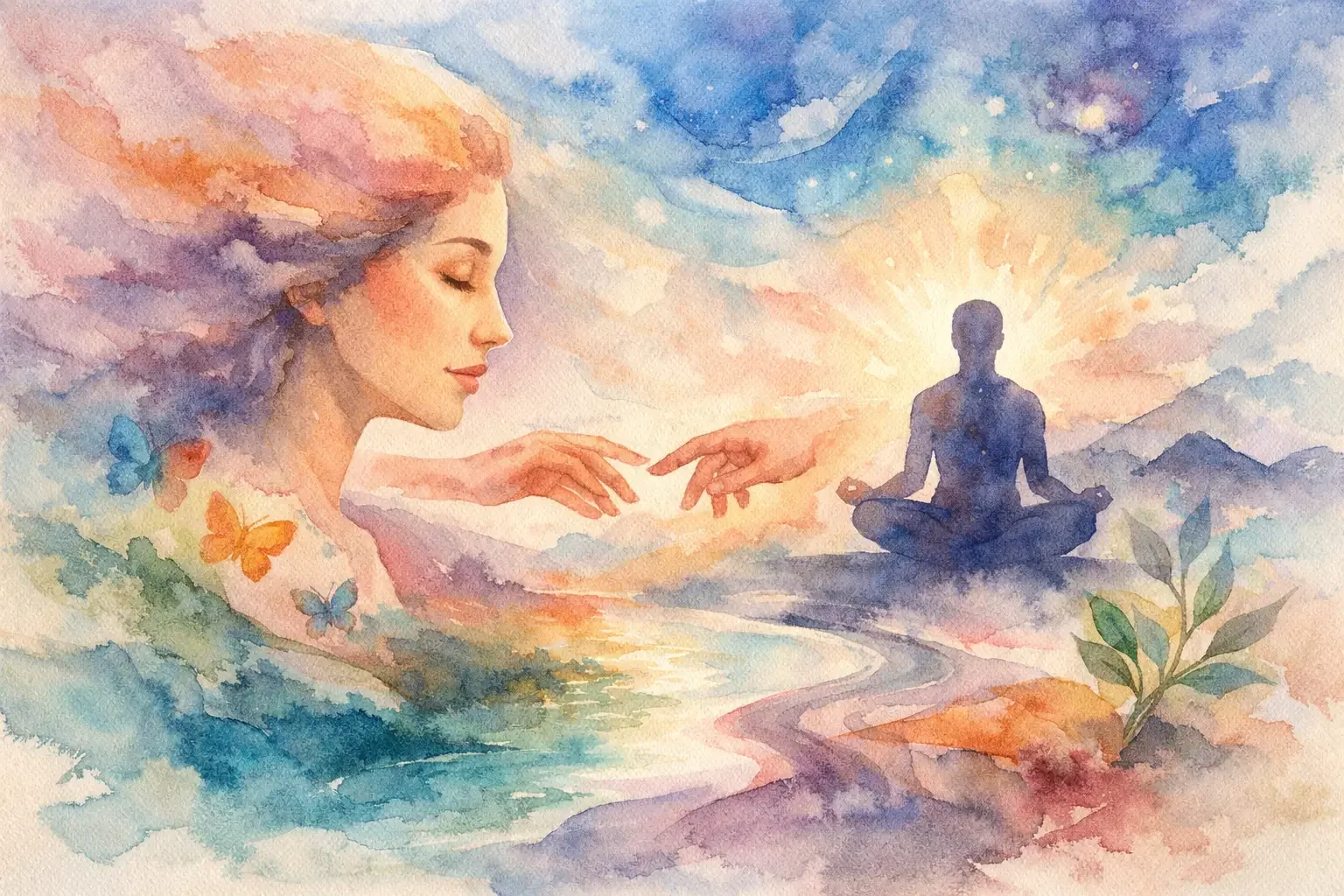 Watercolor image of a man in meditation and a woman in profile in supportive and essay on psychedelic integration for trauma.