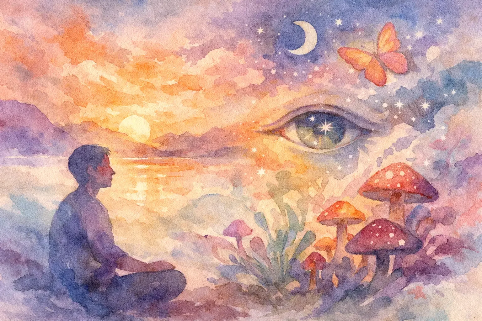 Watercolor painting of a sitting man, observing nature, mushrooms, and the skyline, and support of an article on how to prepare for psychedelic therapy.