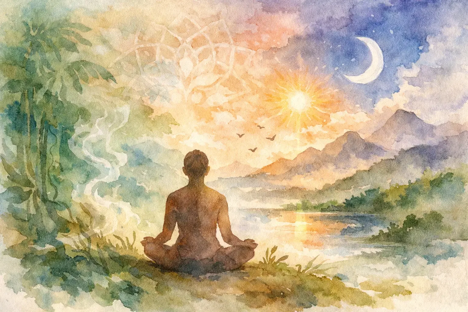 Watercolor of Man, sitting in meditation, looking out at nature as he integrates an Ayahuasca retreat