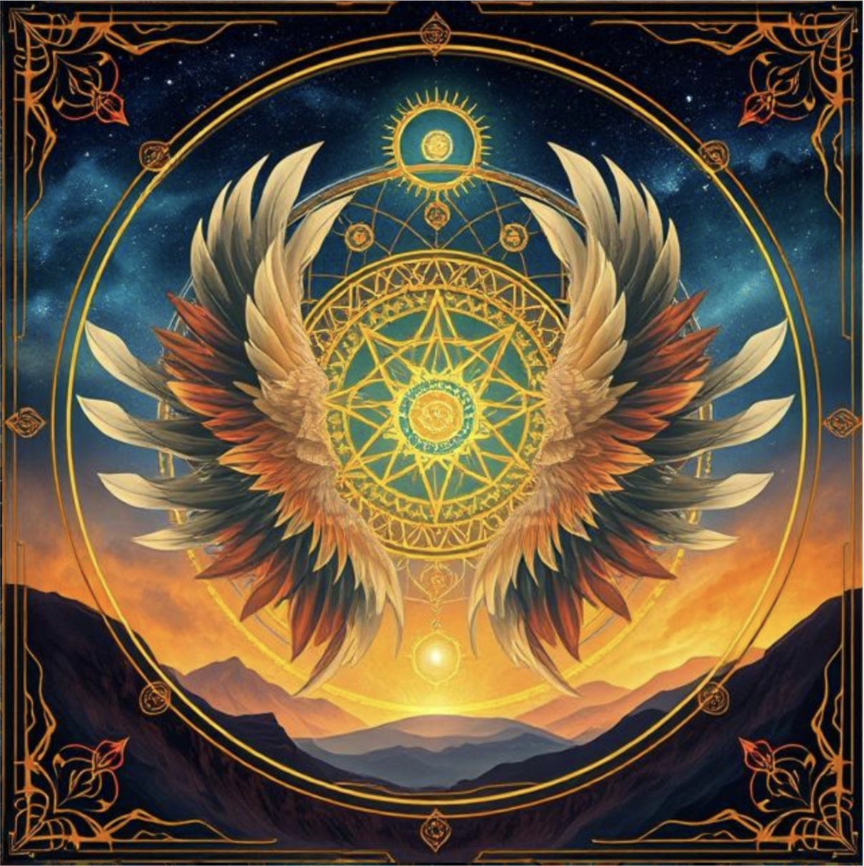Symbolic artwork of radiant wings unfolding around a luminous mandala, representing spiritual emergence, awakening, transformation, and the movement toward wholeness.