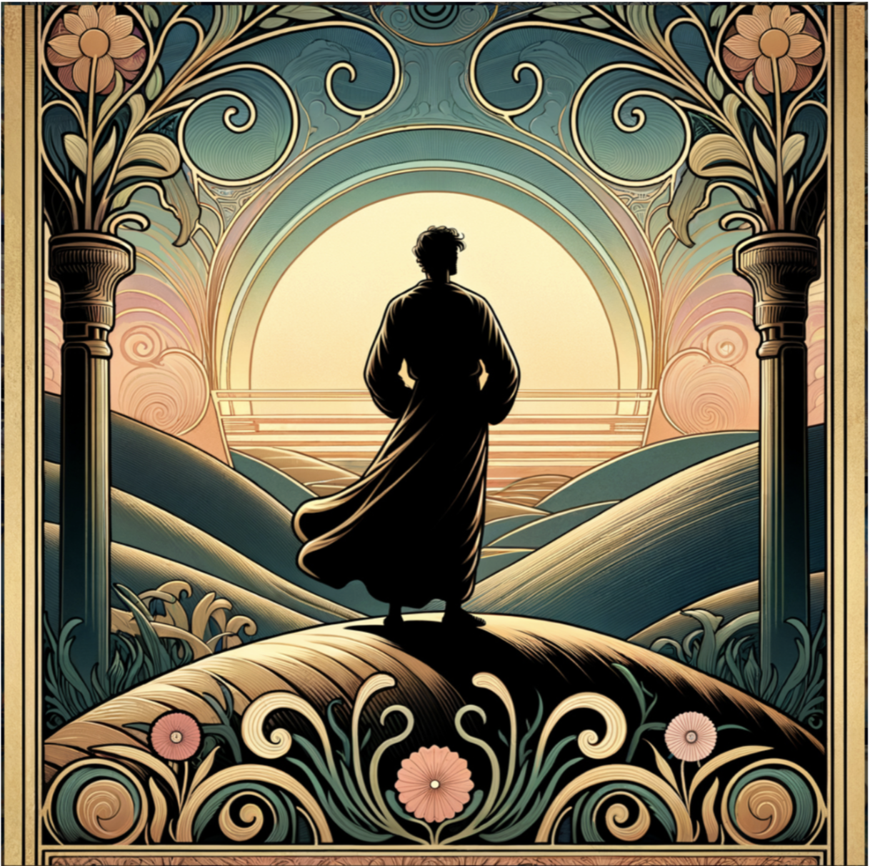 Symbolic artwork of a lone figure walking toward the rising sun, representing the integration of psychedelic insights into everyday life through intention and conscious action.