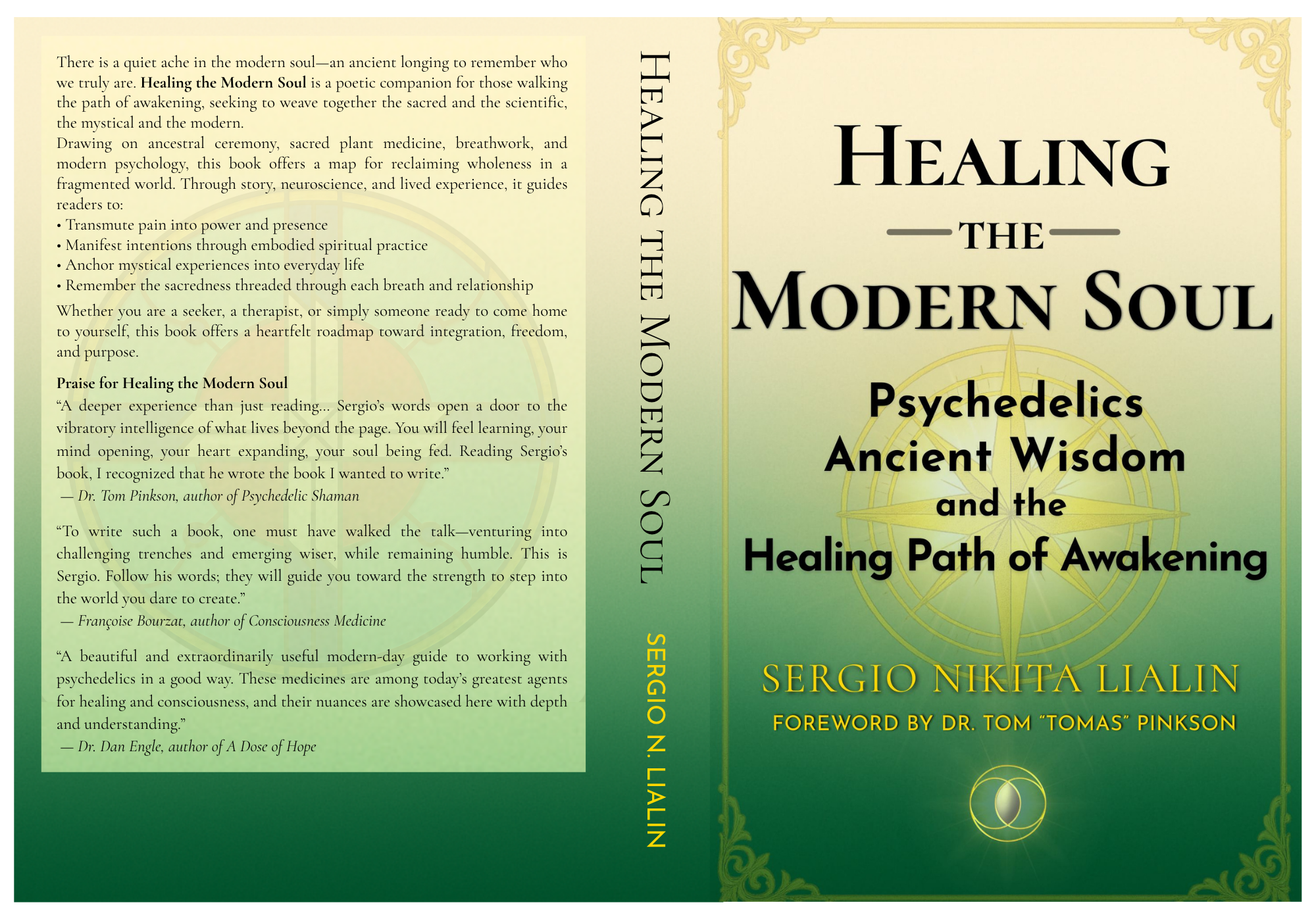 Full front and back cover of Healing the Modern Soul by Sergio Lialin — a book about psychedelics, emotional healing, spiritual awakening, trauma integration, consciousness, and transformation.