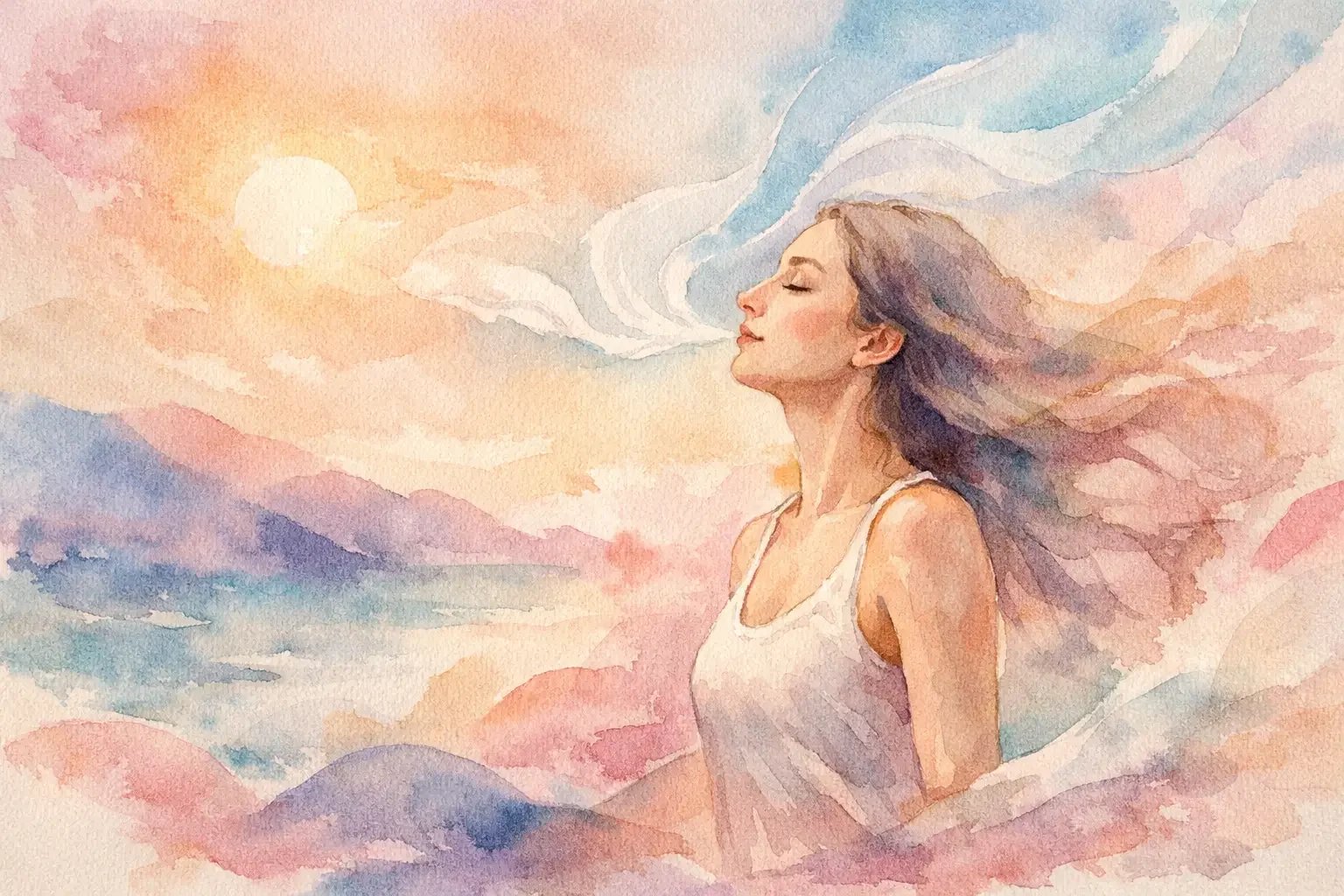 Woman in watercolor, using breath work for emotional release.