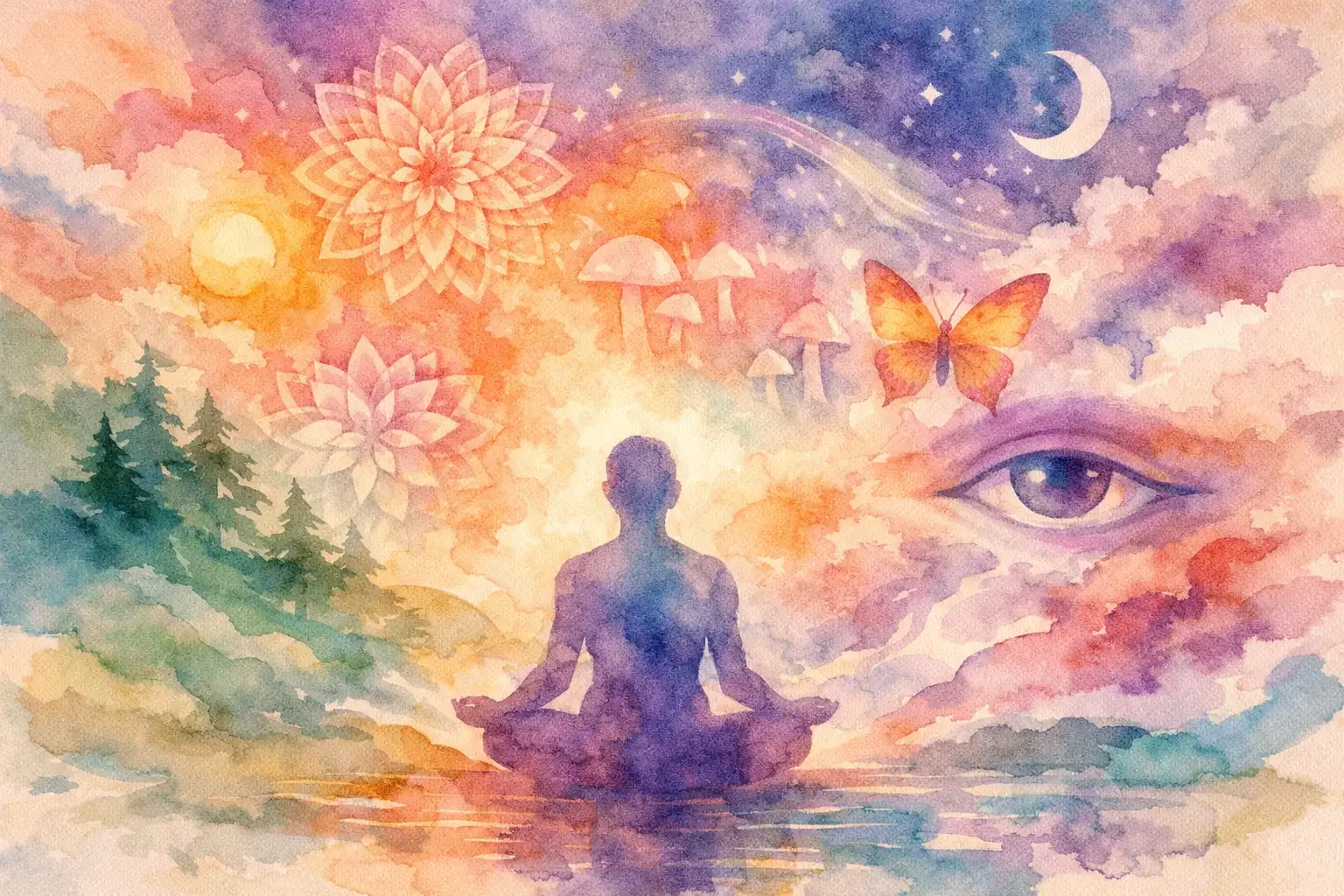 Person meditating in a luminous landscape - psychedelic integration therapy illustration