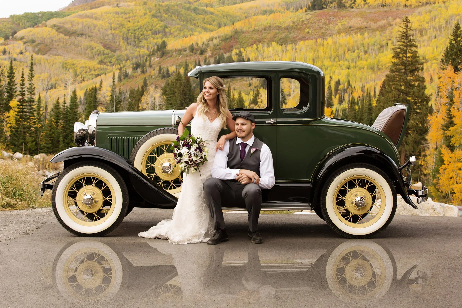 Wedding at Alta Ski area vintage Model A Car