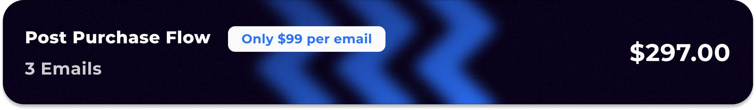 Graphic displaying the text 'Post Purchase Flow', '3 Emails', 'Only $99 per email', and a total price of '$297.00', with a dark blue background featuring blurred wavy lines.