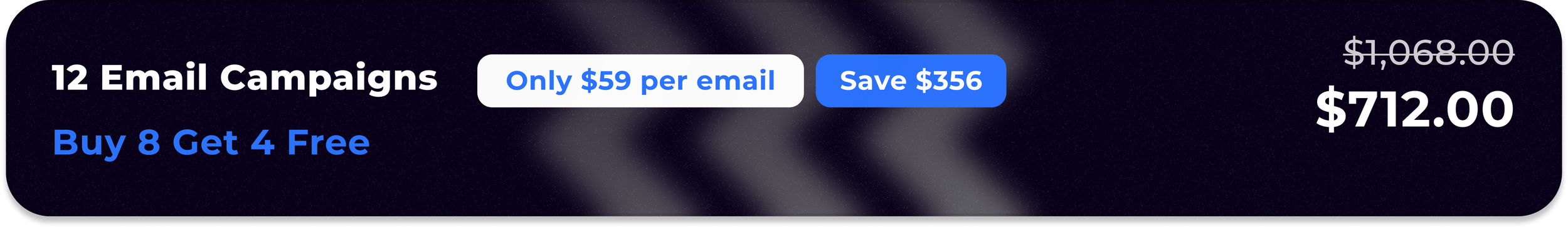 Promotional offer for 12 email campaigns: Buy 8, get 4 free at $59 per email, saving $356, discounted price $712 from $1,068.