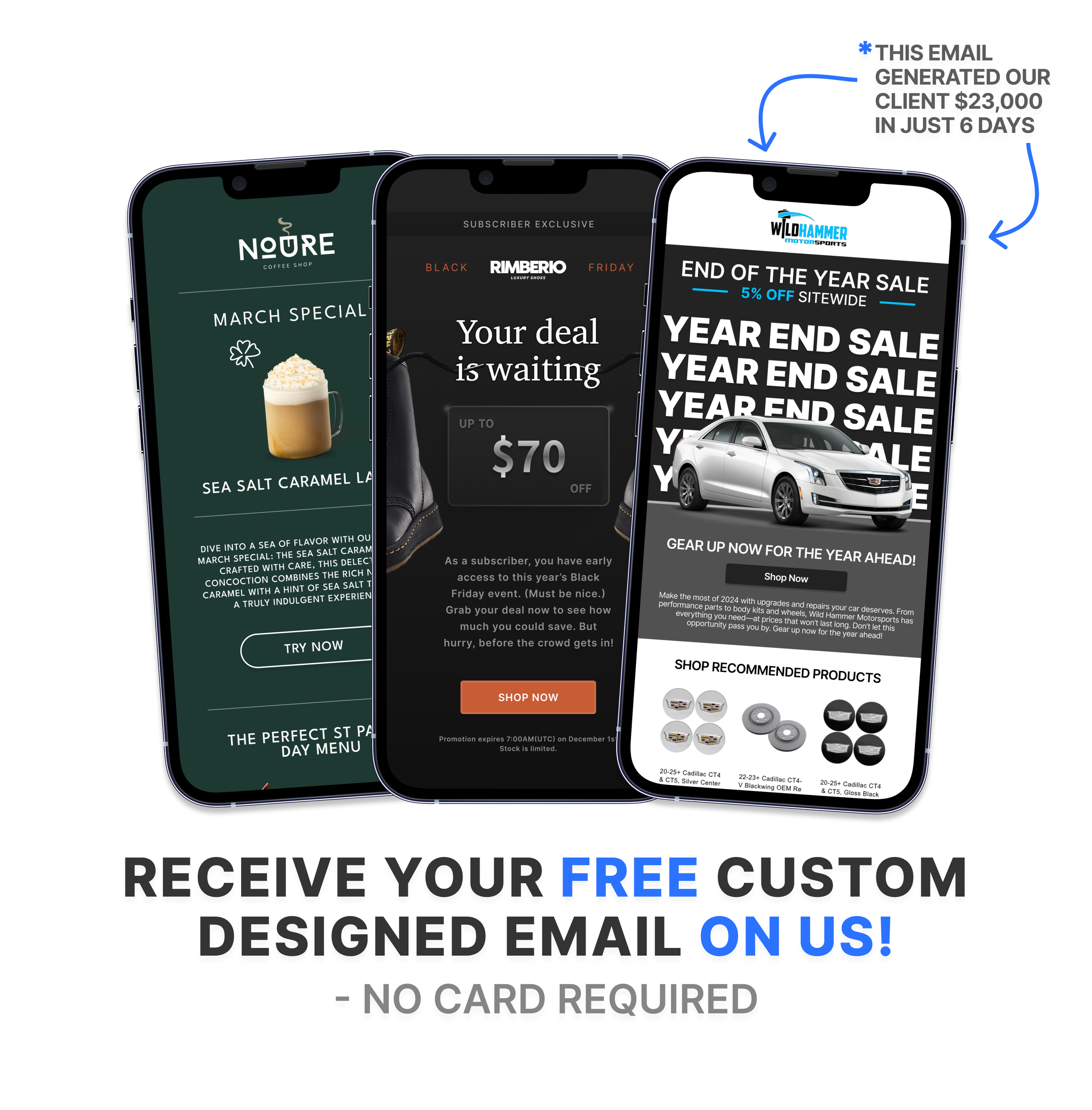 Three smartphones displaying different promotional emails for a coffee shop, a fashion retailer, and an auto parts retailer, showcasing offers like a special drink, a discount, and an end-of-year sale. Text below offers a free custom-designed email.