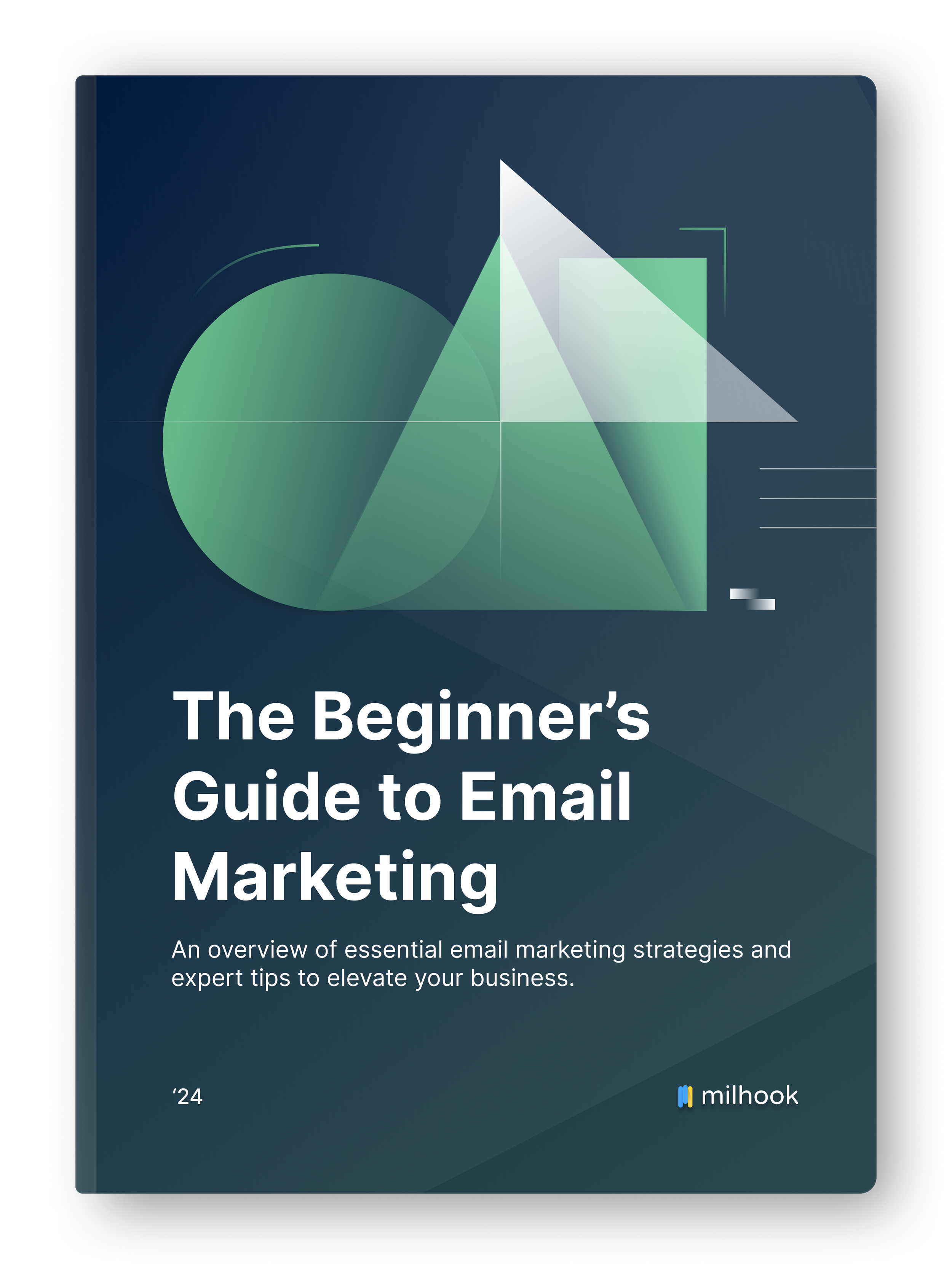 "The Beginner's Guide to Email Marketing" book cover with abstract green geometric shapes on a dark background, featuring text about essential email marketing strategies for business.