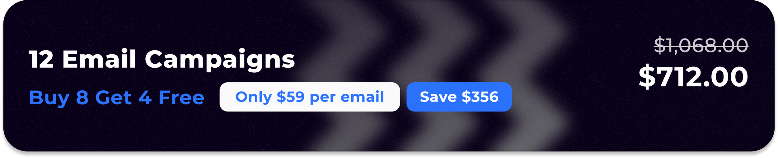 Promotional banner for 12 email campaigns offering a deal to buy 8 and get 4 free. Features pricing details of $59 per email, with a total savings of $356, reducing the cost from $1,068 to $712.