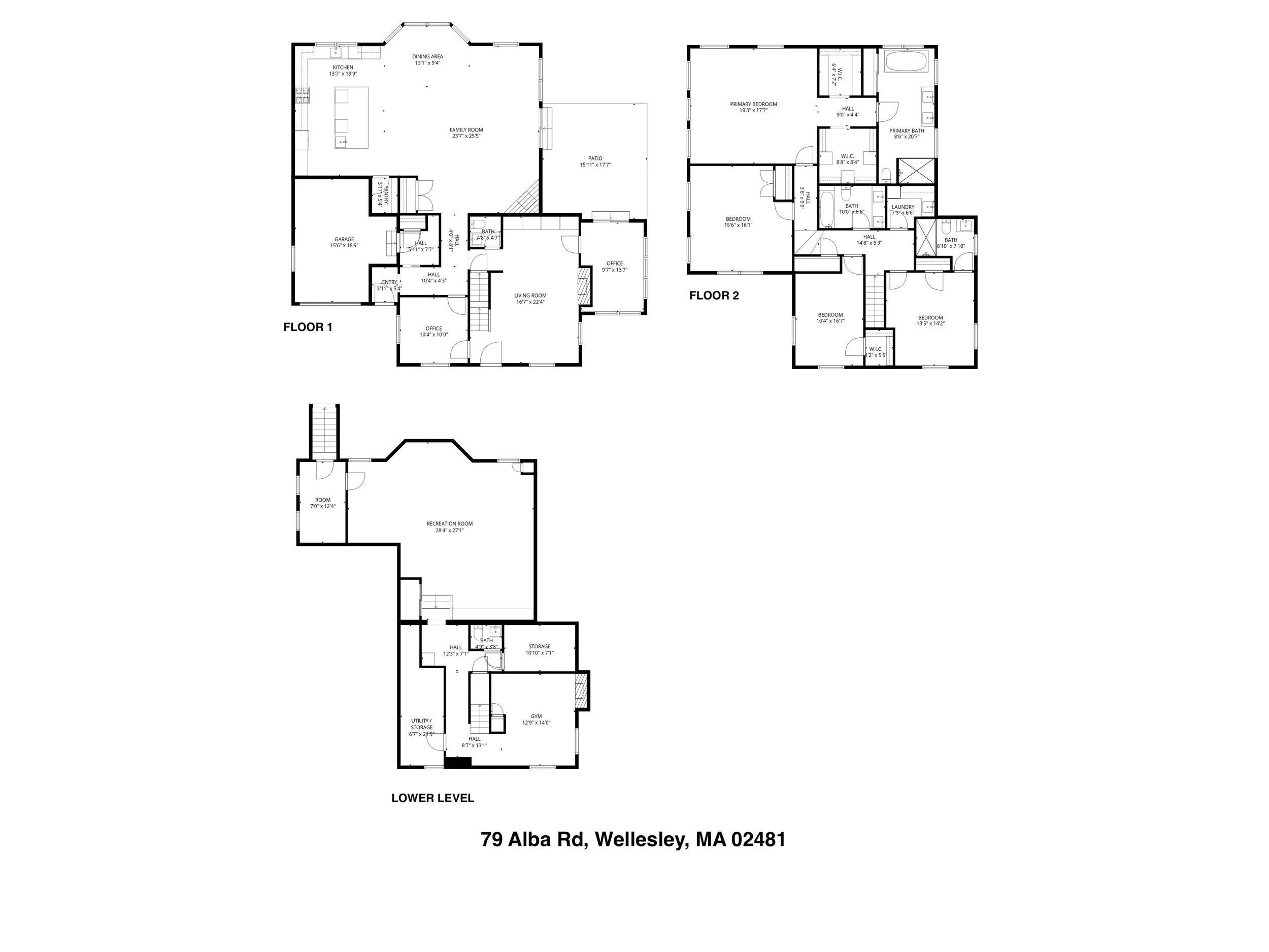 Floor plan of a multi-story house at 79 Alba Rd, Wellesley, MA 02481, showing lower level, first floor, and second floor layouts with rooms labeled.
