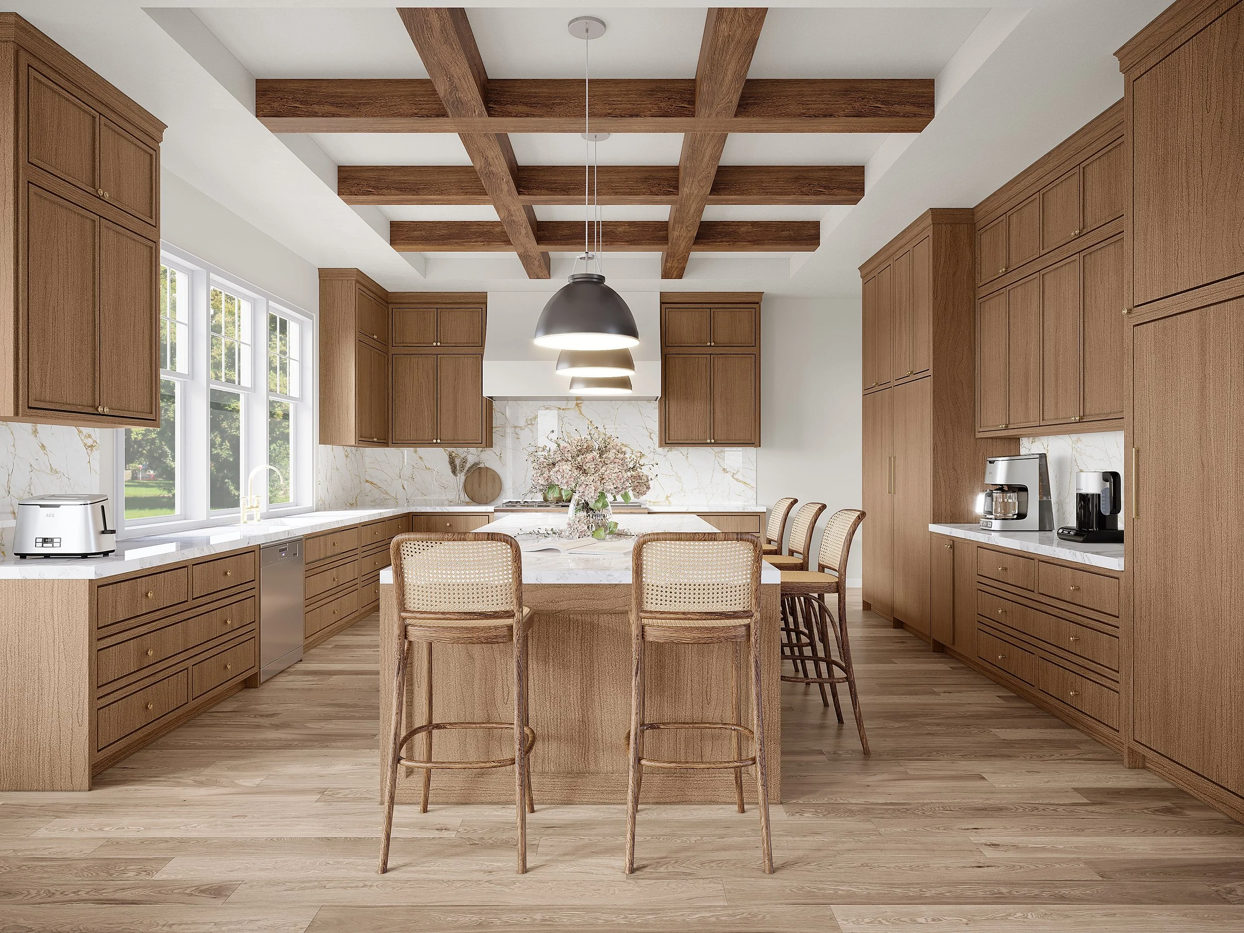 Spacious modern kitchen with wooden cabinets, marble countertops, a large island with high chairs, pendant lighting, and appliances including a coffee maker and toaster.