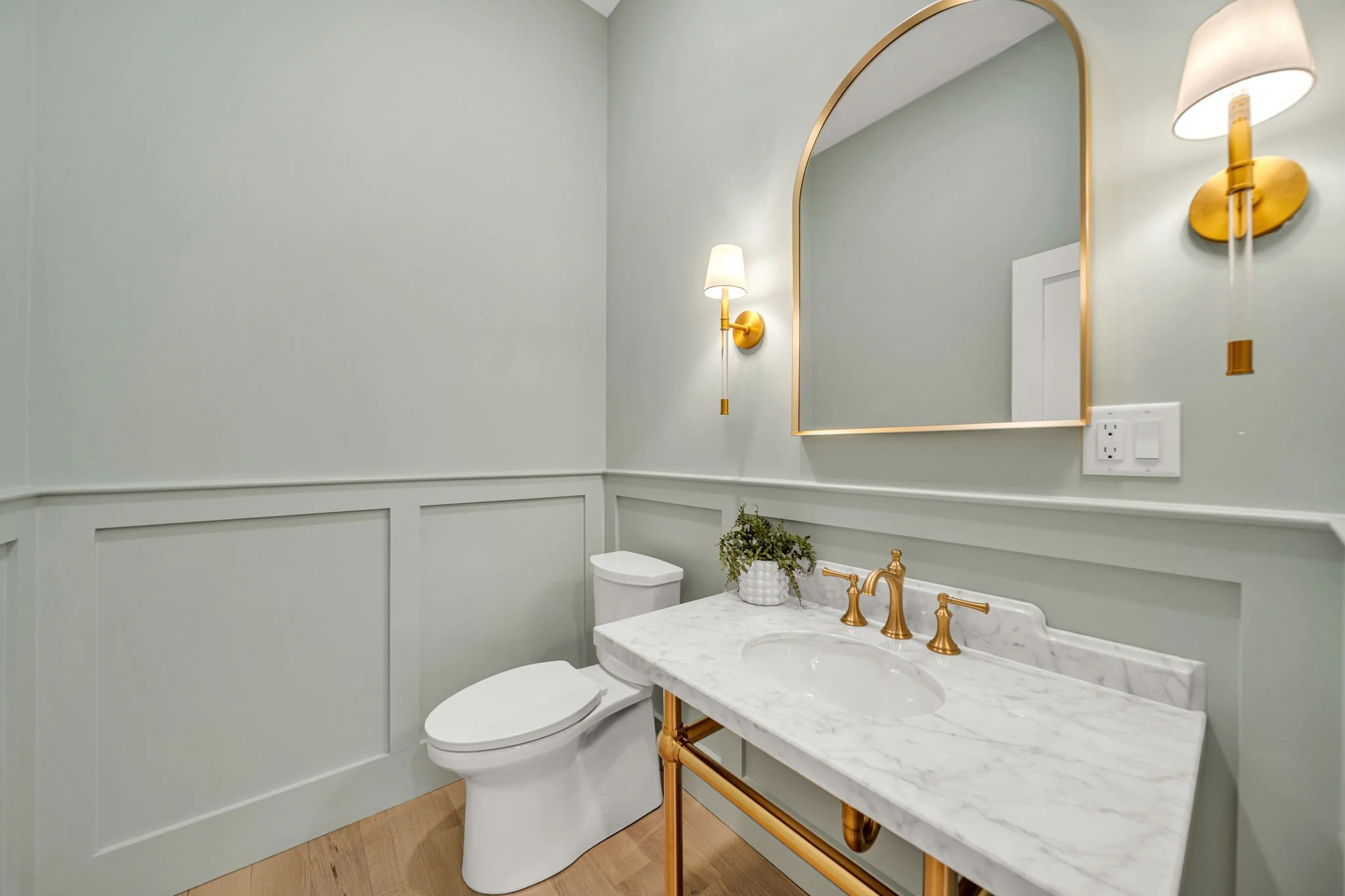 Modern bathroom with light green walls, a white toilet, a marble vanity with gold fixtures, a large mirror, a wall-mounted lamp, and a small plant on the countertop.