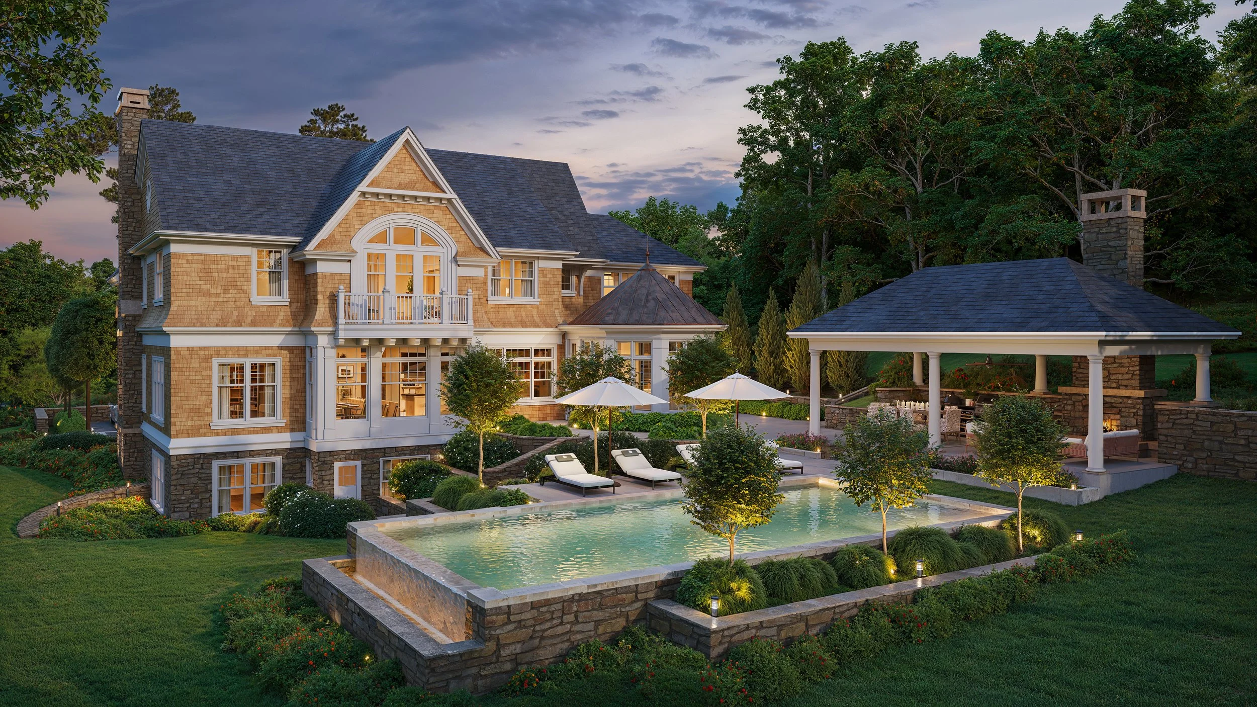A luxury house with a backyard featuring a swimming pool, lounge chairs, umbrellas, and a covered dining area, surrounded by lush greenery and trees at dusk.