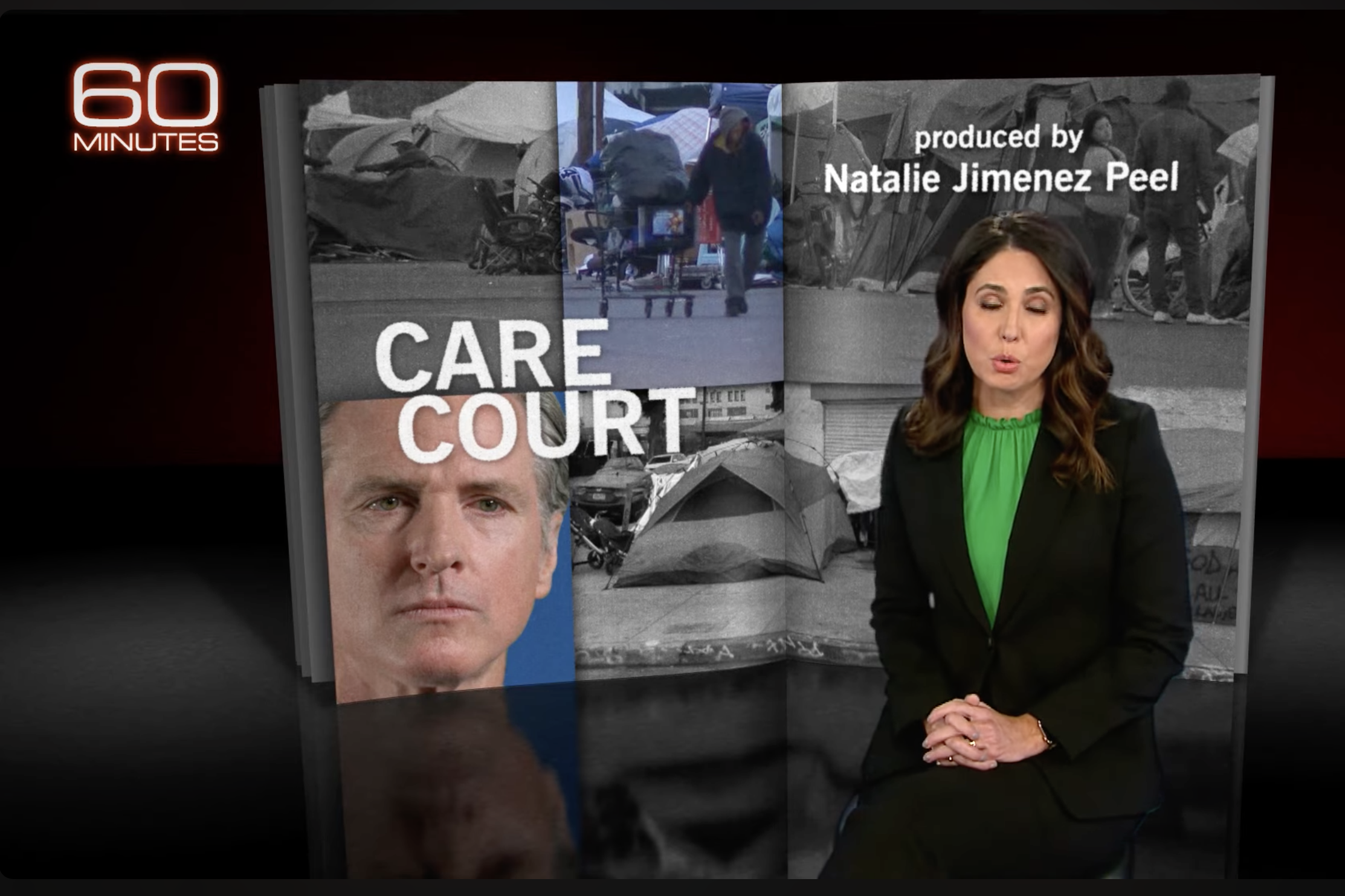 Television news broadcast featuring a woman anchor with a background collage of homeless tents, people, and a close-up of a middle-aged man with the text 'Care Court' and a logo for '60 Minutes', produced by Natalie Jimenez Peel.