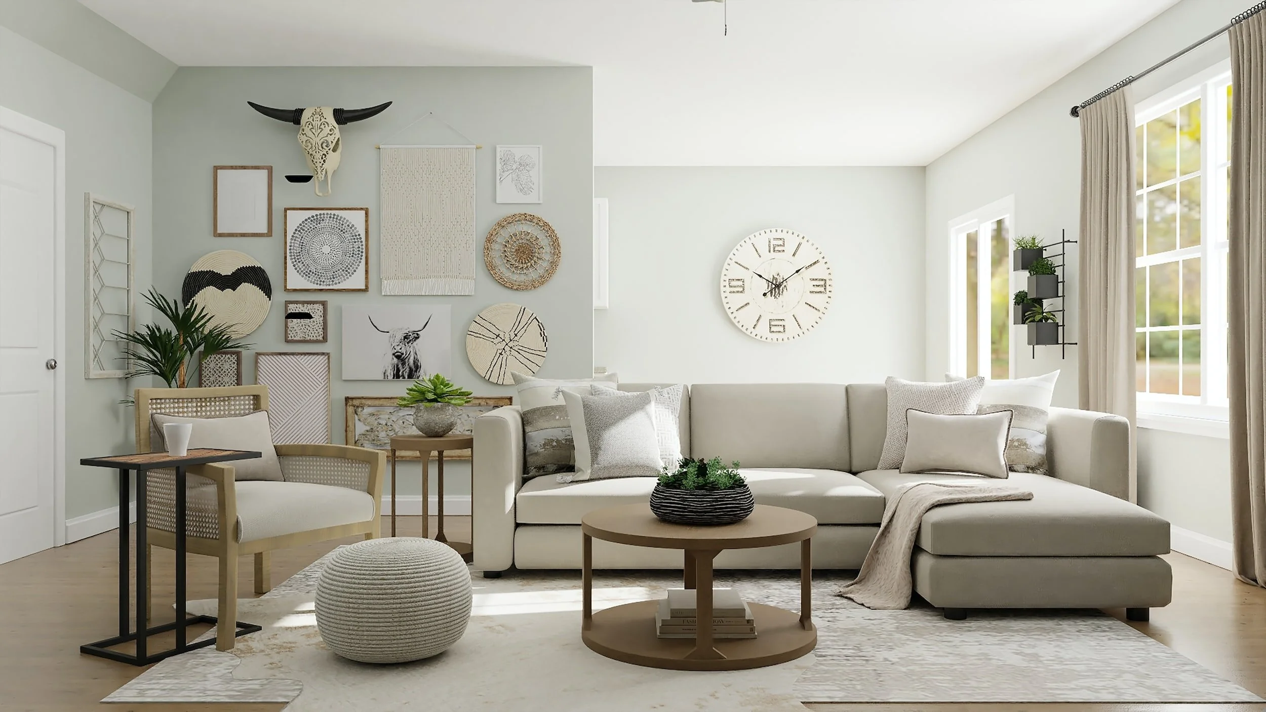 Bright living room with white sectional sofa, round coffee table, gallery wall, large clock, and windows with beige curtains.