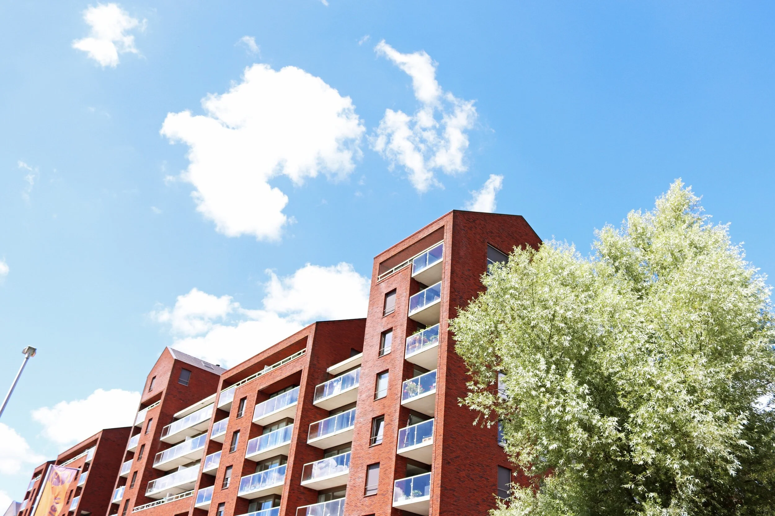 A modern red brick apartment building with balconies, next to a large leafy green tree under a bright blue sky with white clouds.