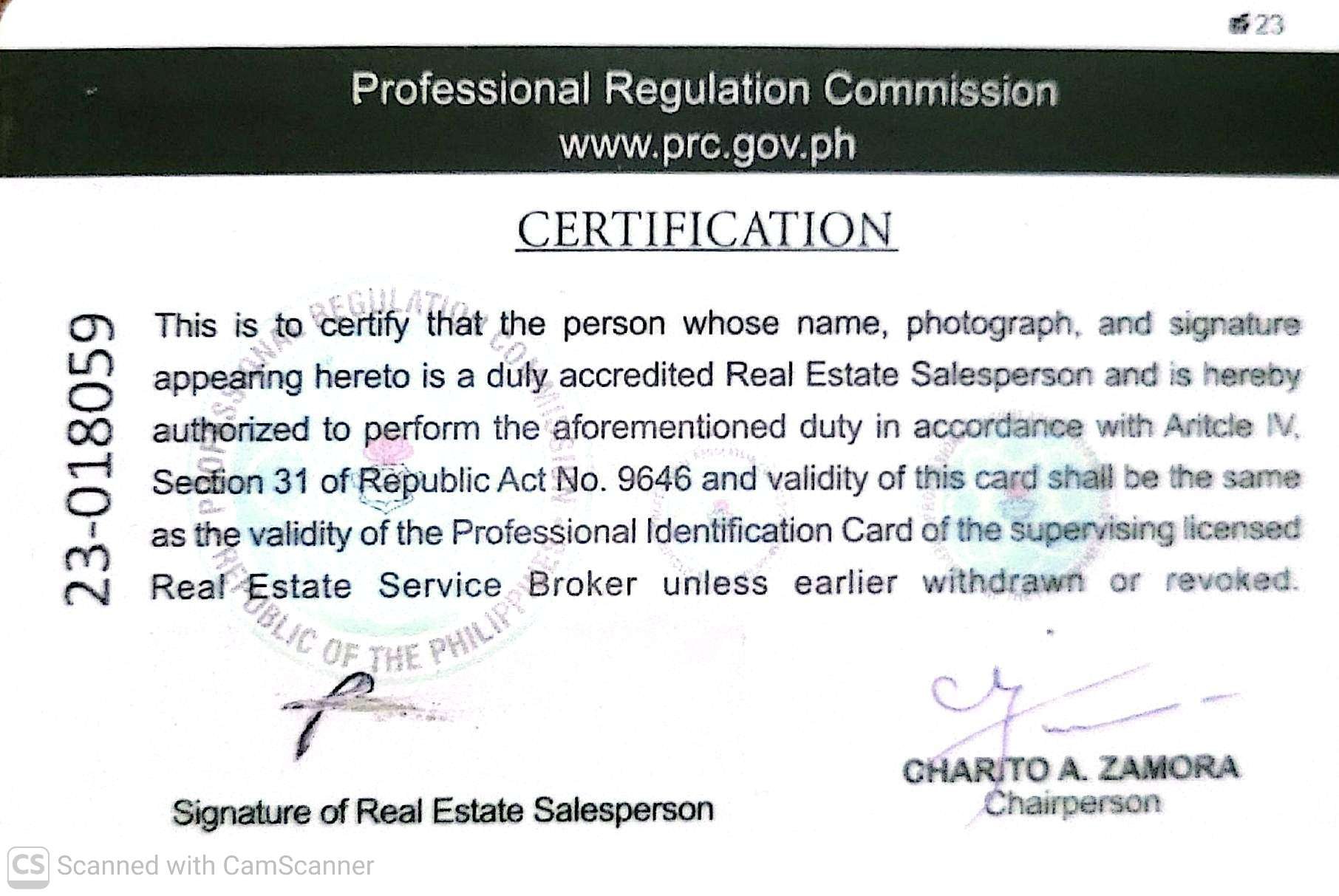 Official certification document from the Professional Regulation Commission of the Philippines, containing a statement of certification, a signature, a stamp, and the name Charito A. Zamora, Chairperson.