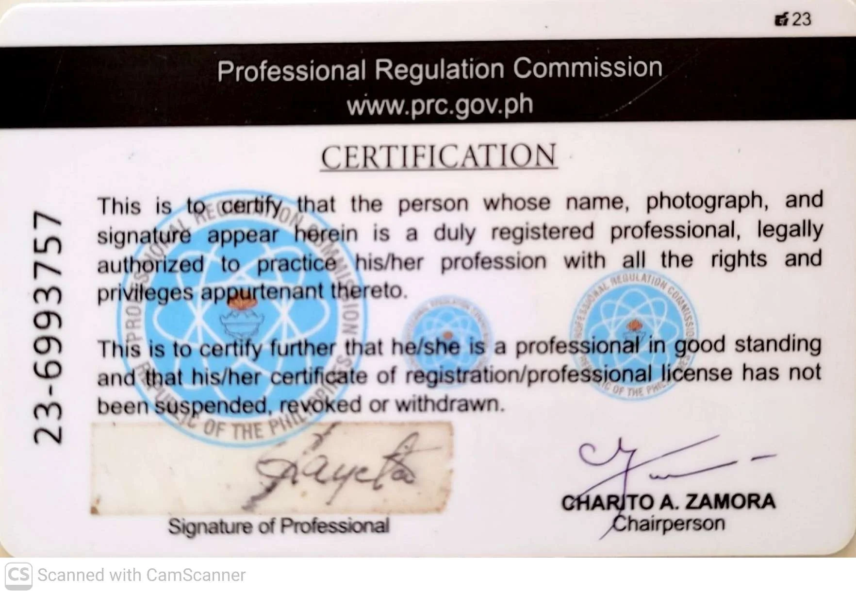 Certificate from the Professional Regulation Commission in the Philippines with official seals, signatures, and a license number. The certificate is for a professional in good standing.