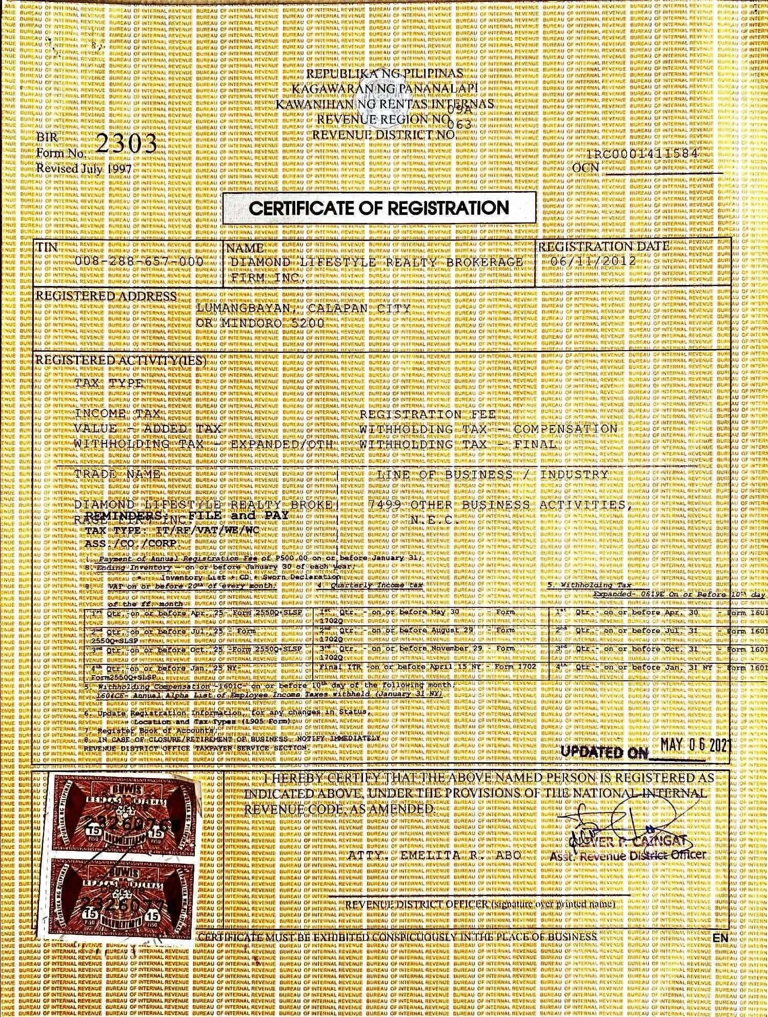 A Philippine BIR form 2303 Certificate of Registration with handwritten details, stamps, signatures, and a background pattern of the BIR logo repeated in orange and yellow. The form contains information about a real estate brokerage, including registration number, date, registered address, and business activities listed in the form fields.