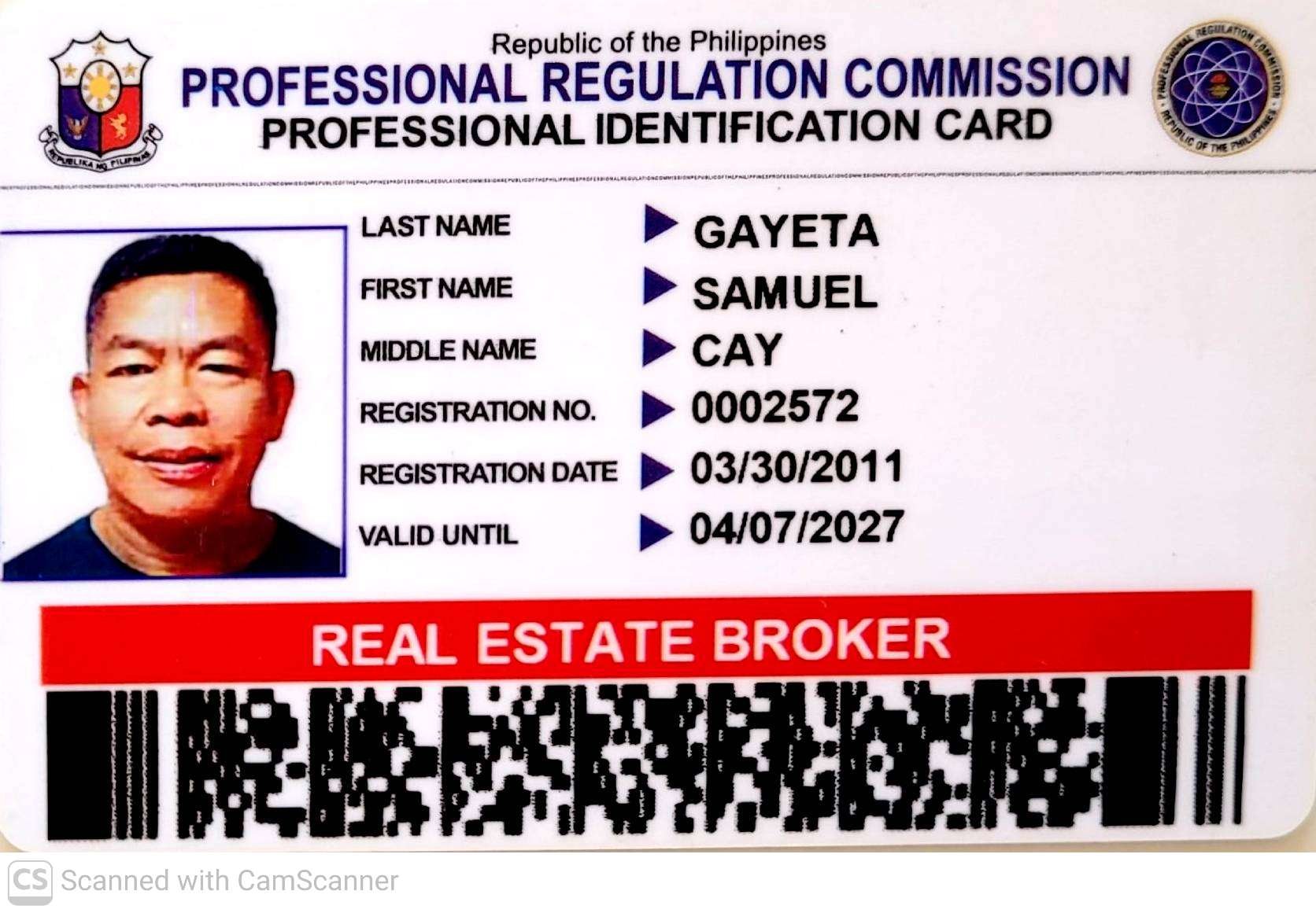 An official Philippine Professional Regulation Commission ID card with a photo of a man, containing personal details such as name, registration number, registration date, and expiry date, and a red banner with the text "Real Estate Broker".