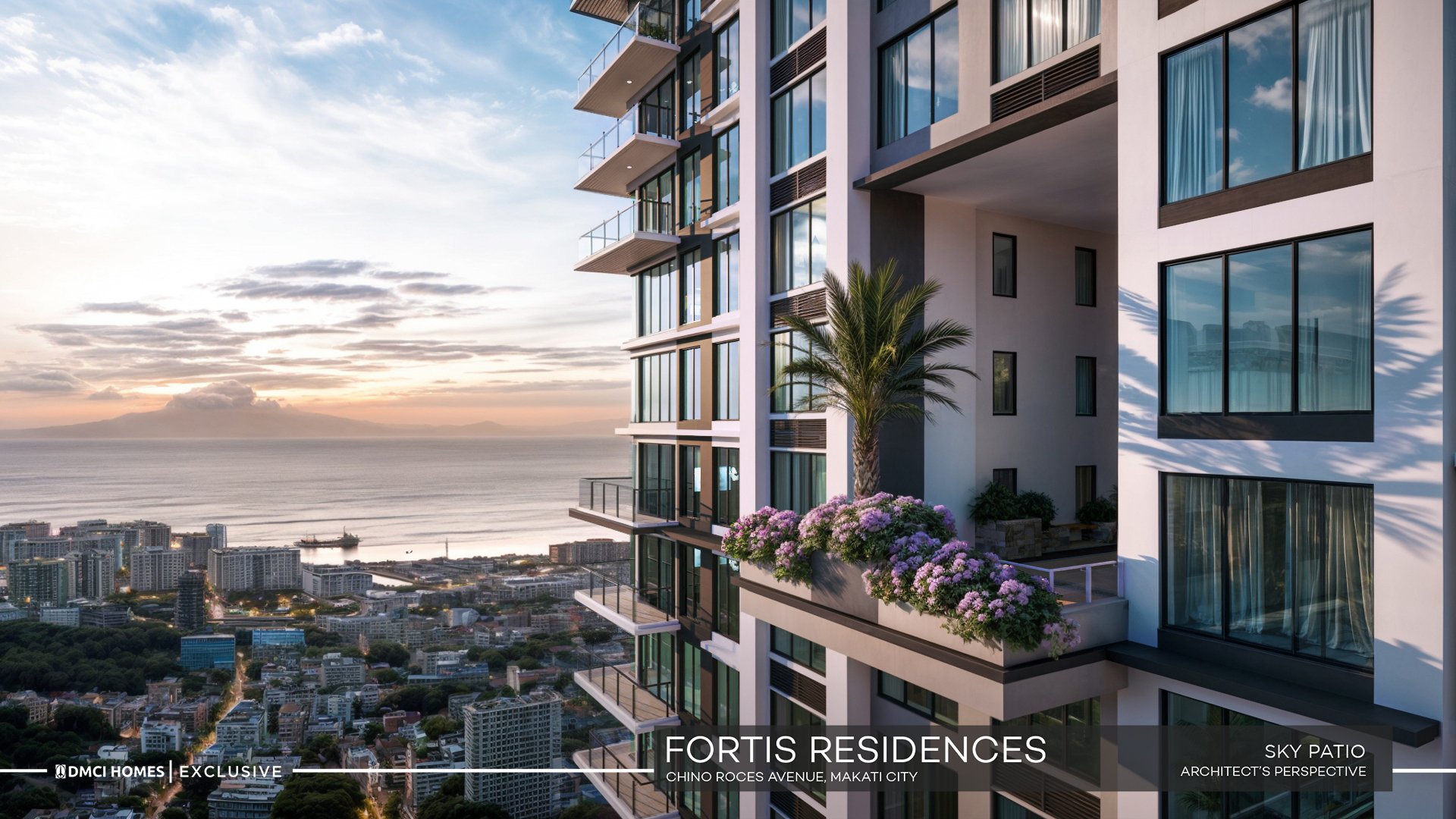 Modern high-rise condominium building with glass balconies, overlooking a city and water view at sunset, featuring a sky patio with plants.