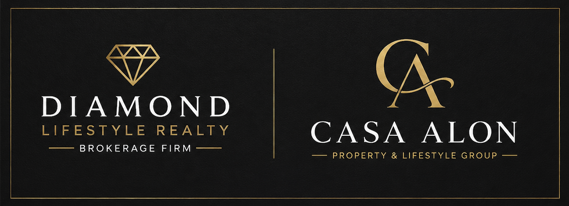 Graphic design with gold and black background featuring logos and text for Diamond Lifestyle Realty Brokerage Firm and Casa Alon Property & Lifestyle Group.