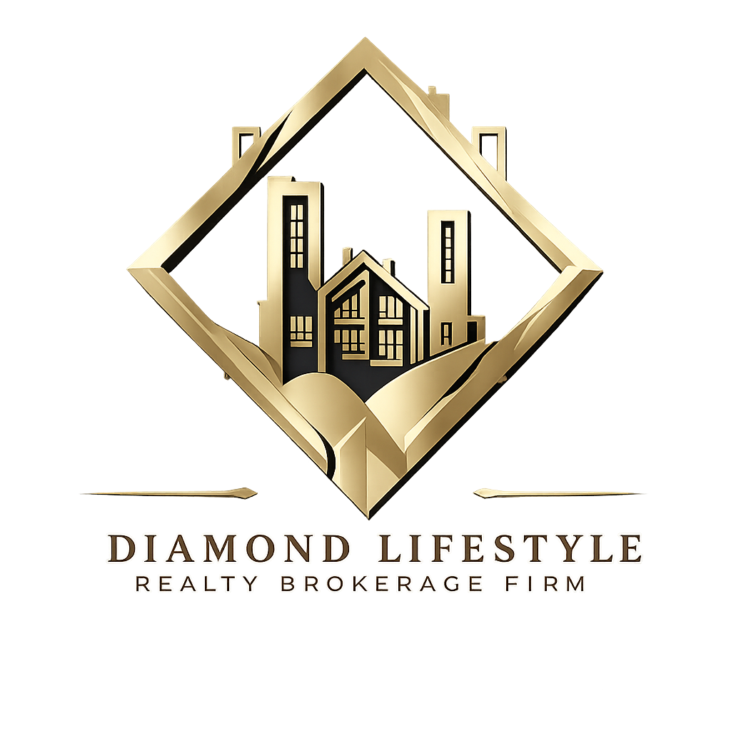 A gold and black logo with a diamond shape. Inside the diamond, there are stylized buildings with a red background. Below the logo, gold and black text reads "Diamond Lifestyle Realty Brokerage Firm."