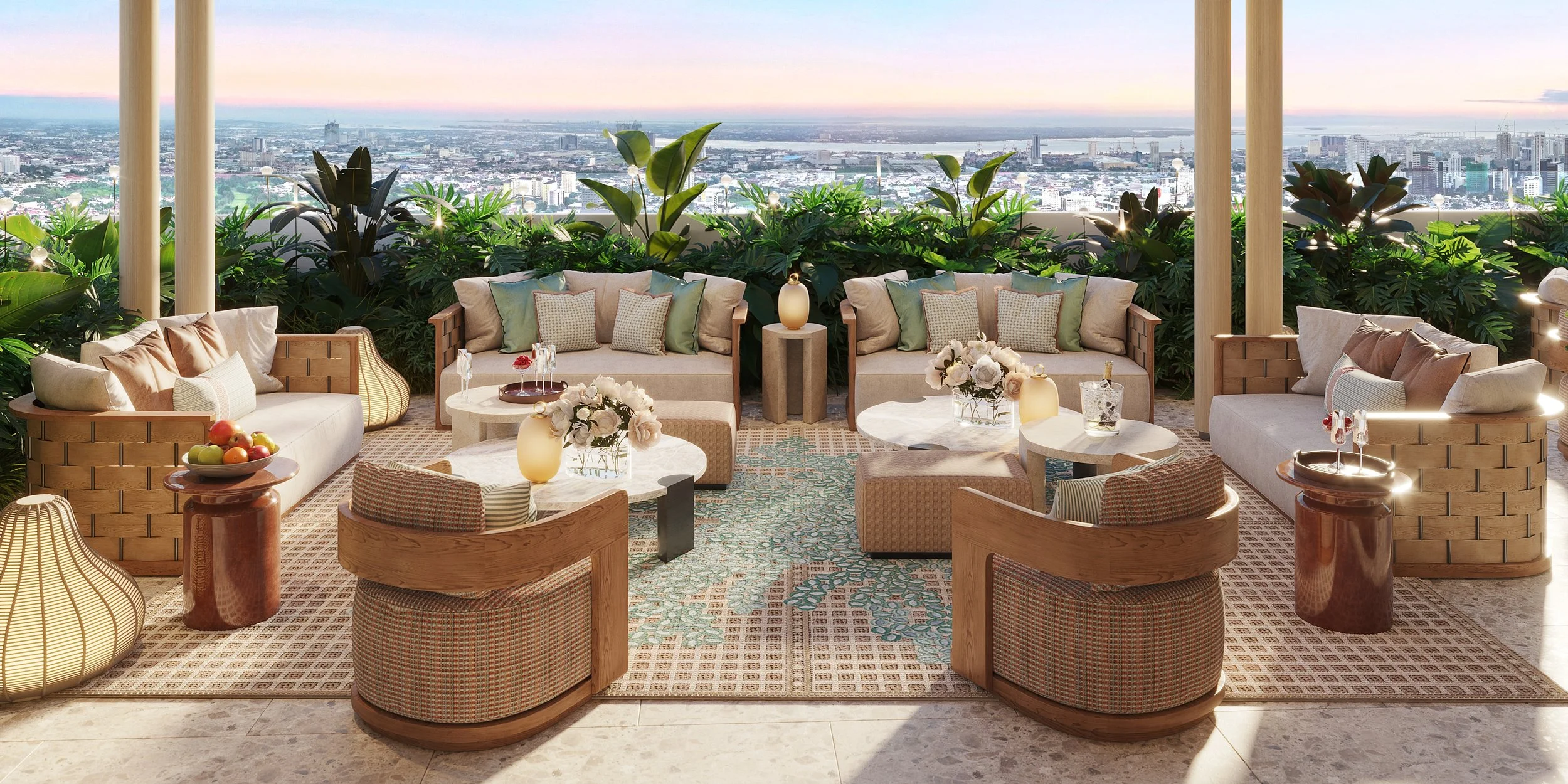 A luxurious outdoor rooftop lounge with wicker and upholstered seating, coffee tables with flower arrangements, and panoramic city skyline view during sunset.