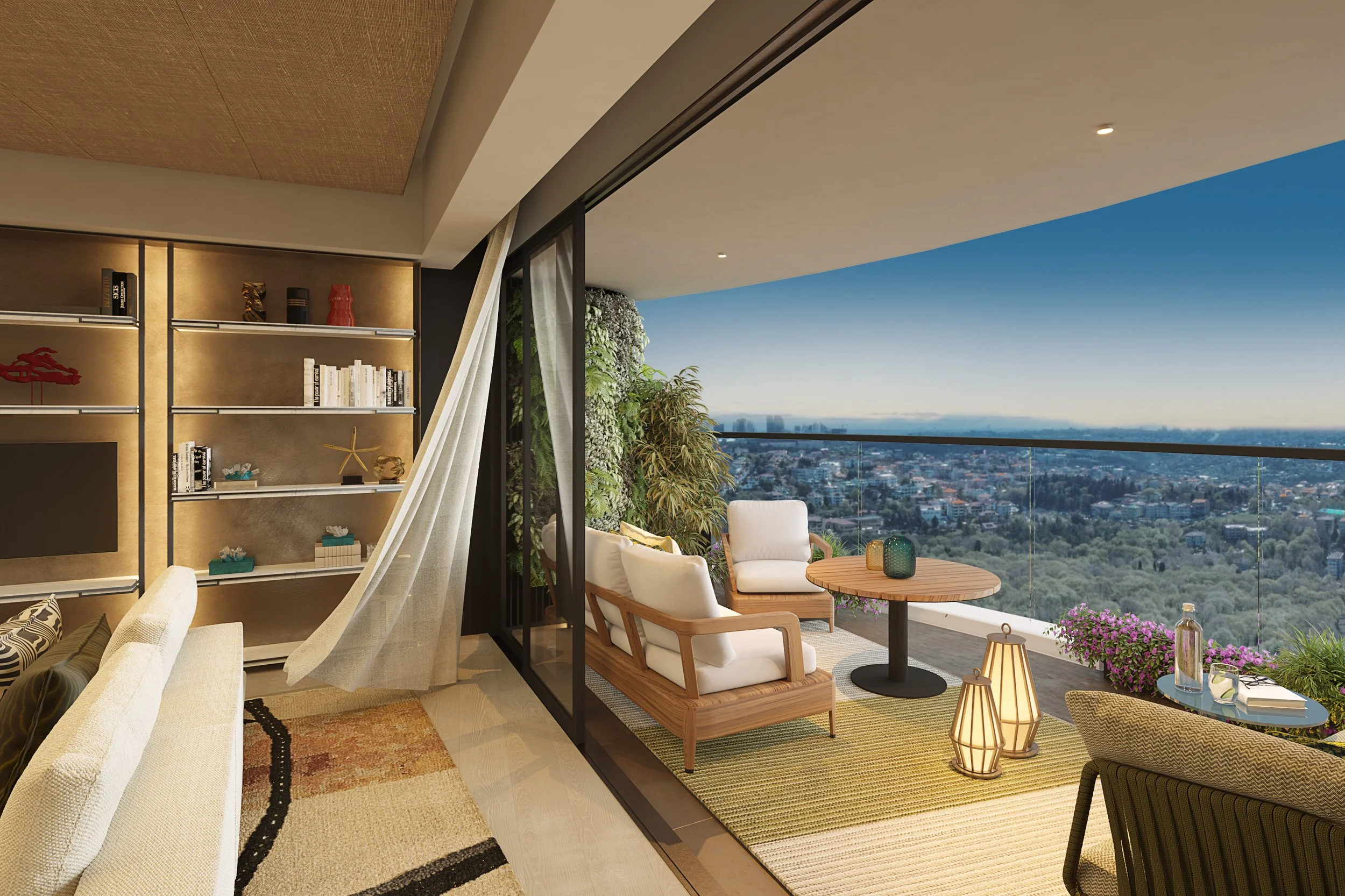 Interior living room with large glass sliding door leading to a balcony with chairs, table, potted plants, and city view