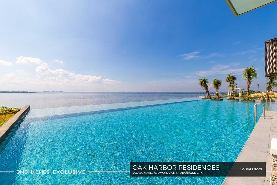 Luxury lounge pool with a view of a large body of water and a clear blue sky, palm trees, and a small pavilion in the background.