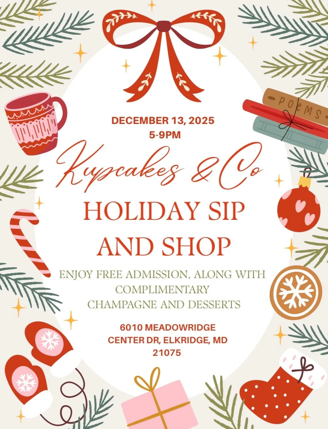 🎀 ❄️We are SO EXCITED for our first ever Holiday Sip and Shop event on Saturday, 12/13 from 5-9pm at the bakery! 🎀🎄

Check out our incredible vendor lineup&mdash;
@kupcakesco
@kupcakescocakes 
@charm.city.links 
@lulusfineline 
@saltygirlbooks 
@m