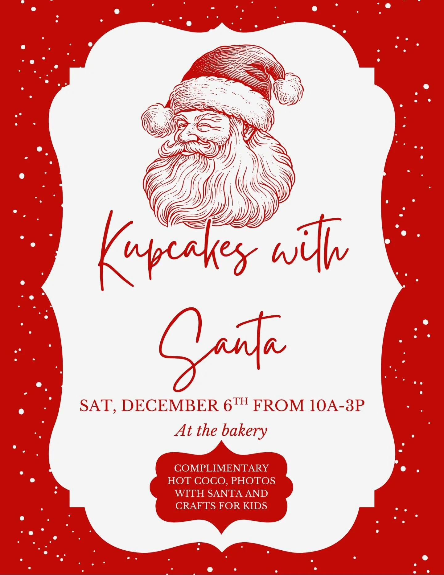 KUPCAKES WITH SANTA! 🎅🏼🧁

Join us next Saturday, 12/6 from 10am-3pm for our most wonderful event of the year. Enjoy complimentary hot coco, crafts &amp; photos with Santa. 

100% of our proceeds go to the Pay It Forward Zulma&rsquo;s Cancer Fund&h