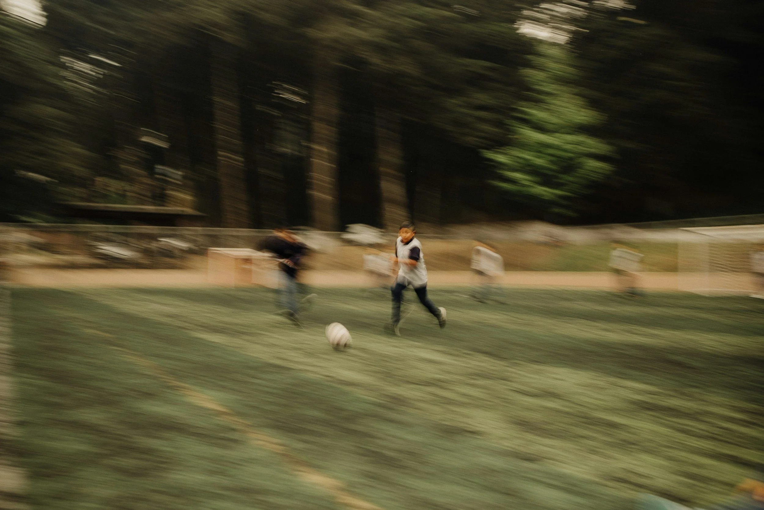 Children playing soccer on a field with a background of trees.